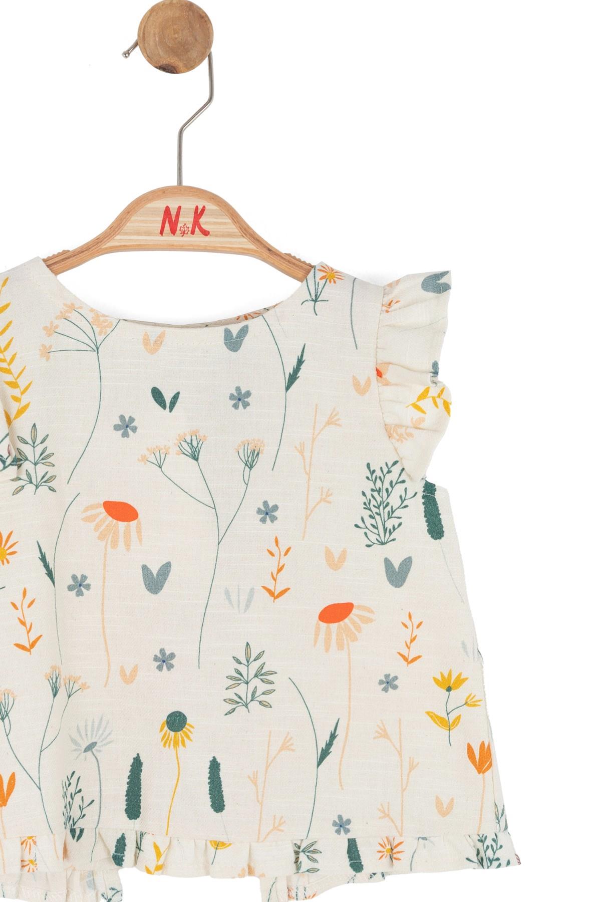 Nk Kids Kız Bebek 1-4 Yaş Çiçek Desenli Keten Bluz Krem