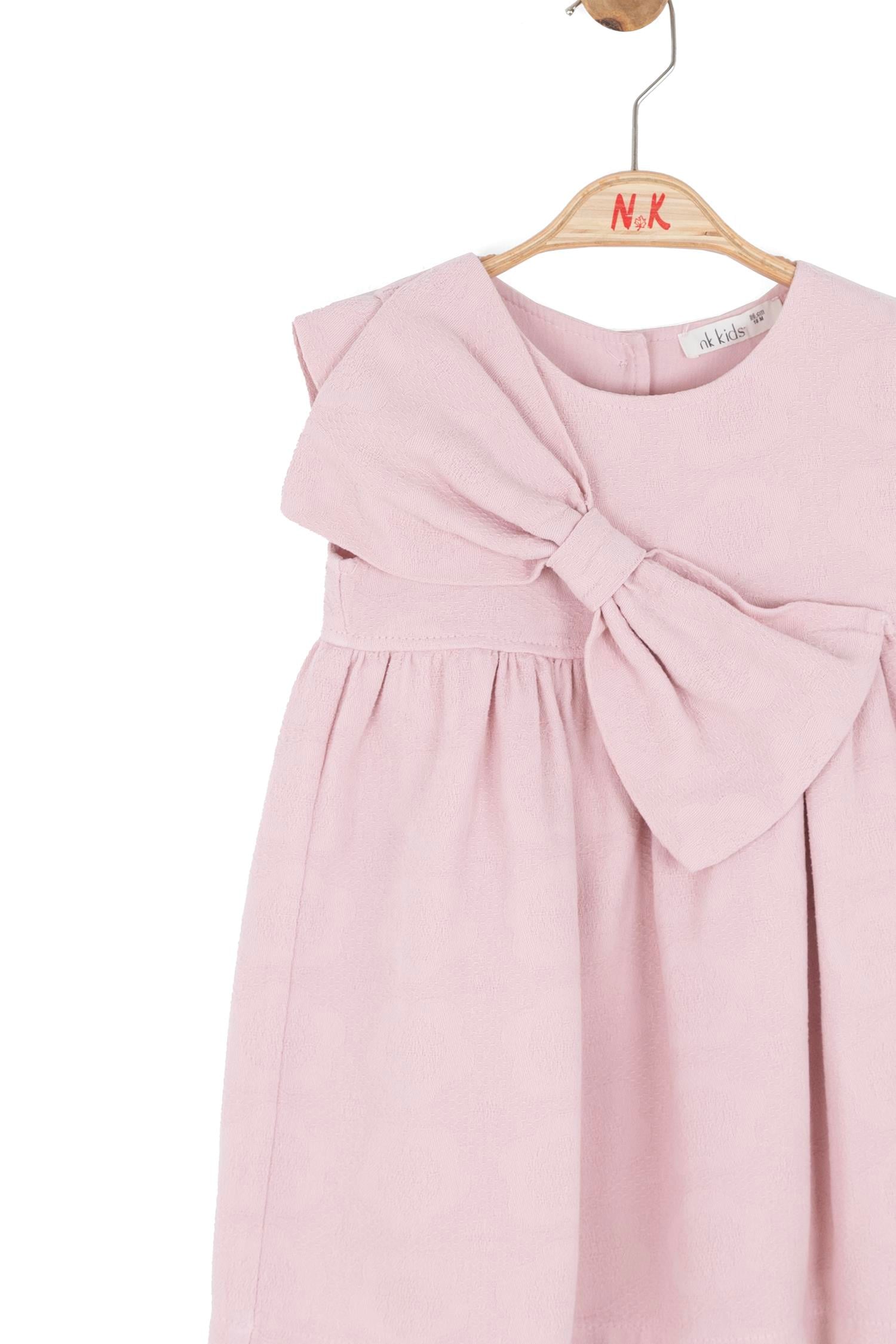 Nk Kids Kız Bebek 1-4 Yaş Fiyonklu Dokuma Kumaş Elbise Pembe