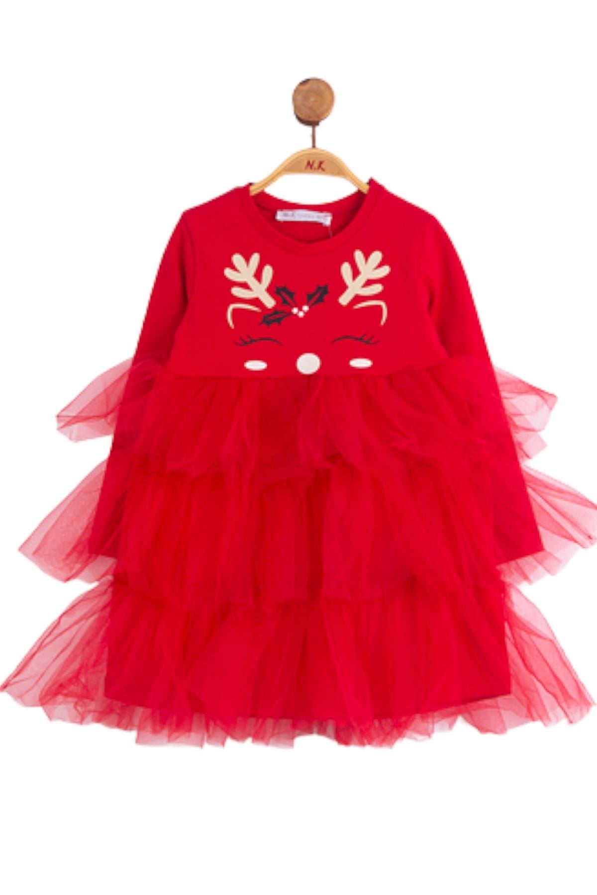 NK Kids Kız Bebek 1-4 Yaş Geyikli Tütü Etekli Elbise 73604 Kırmızı