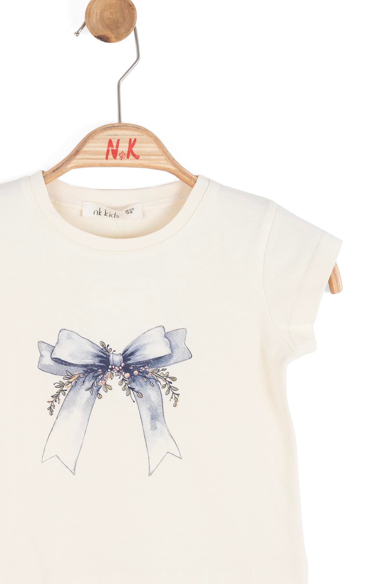 Nk Kids Kız Bebek 1-4 Yaş İncili Fiyonk Baskı Kısa Kol T-shirt Krem