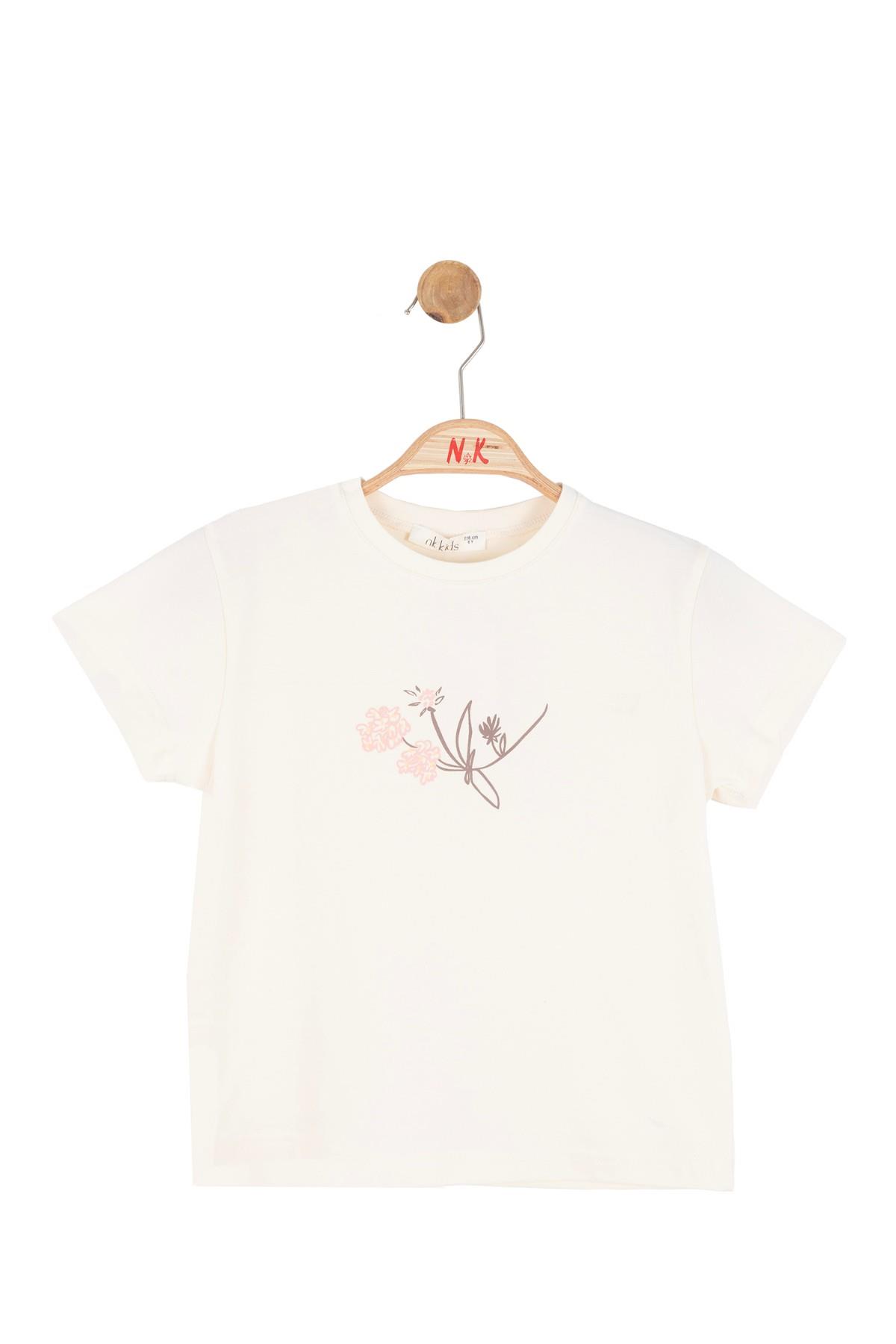 Nk Kids Kız Bebek 4-8 Yaş Kabartma Desenli Kısa Kol T-Shirt Krem