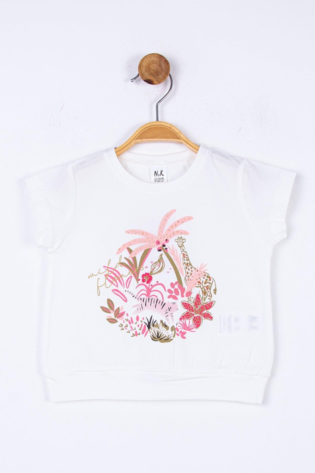 NK Kids Kız Bebek Zürafa Desenli Kısa Kollu Bluz 34615 Ekru