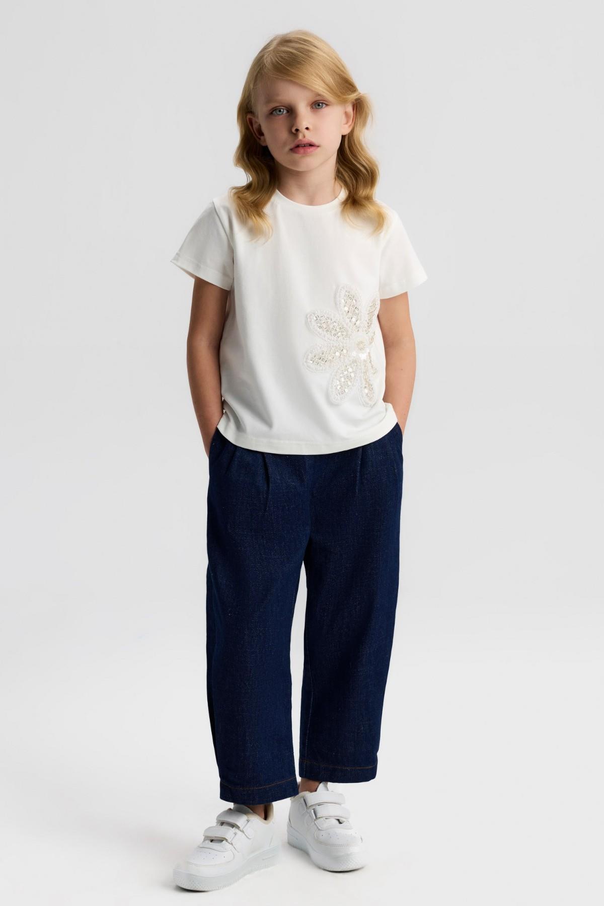Nk Kids Kız Çocuk 4-8 Yaş Boncuk İşlemeli Kısa Kol T-Shirt Ekru
