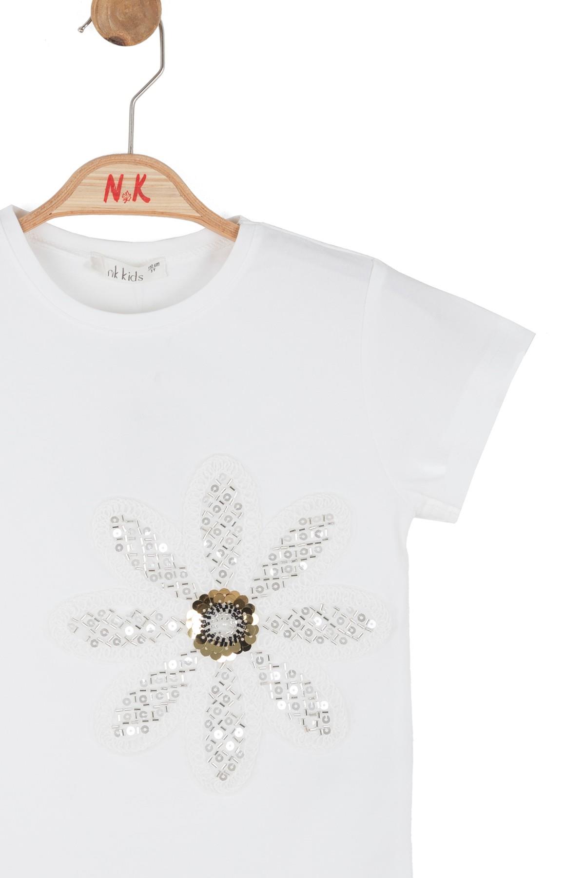 Nk Kids Kız Çocuk 4-8 Yaş Boncuk İşlemeli Kısa Kol T-Shirt Ekru