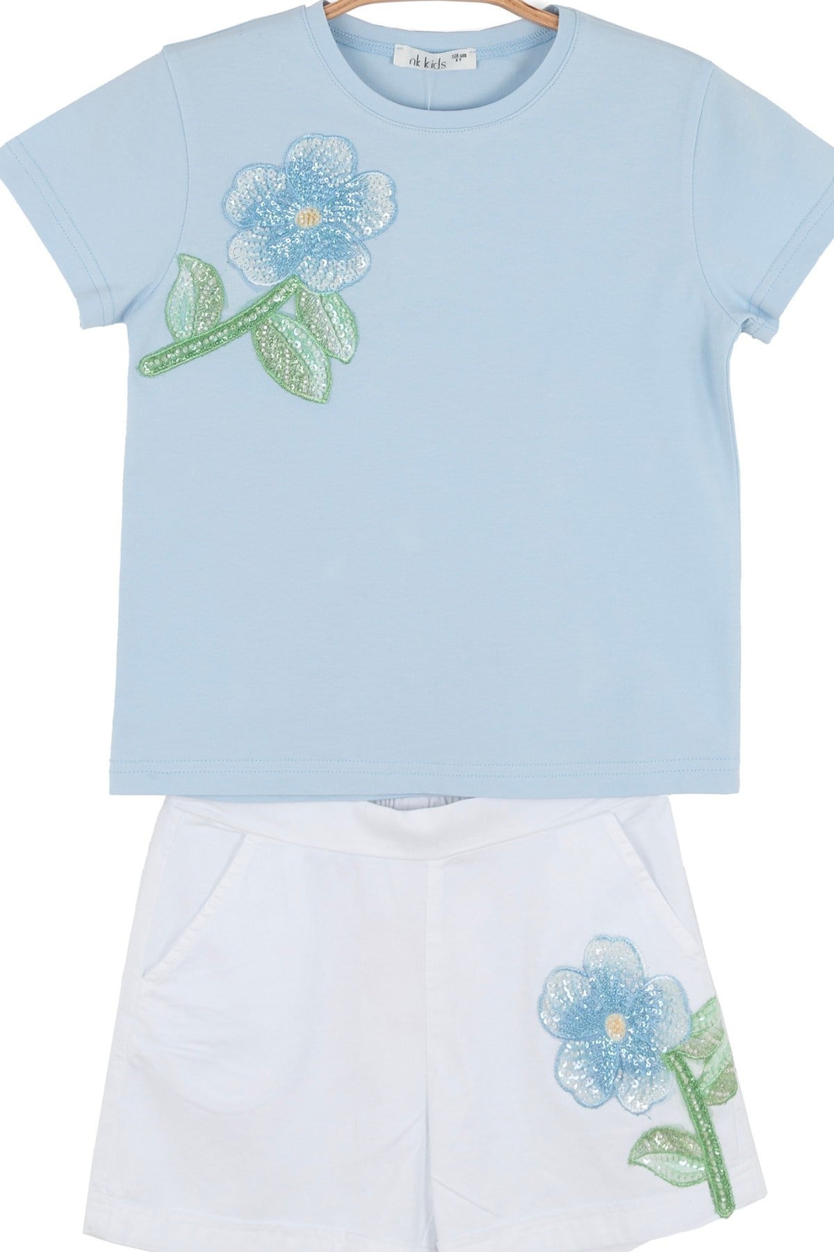 Nk Kids Kız Çocuk 4-8 Yaş Boncuk Nakışlı İkili Şortlu Takım Mavi