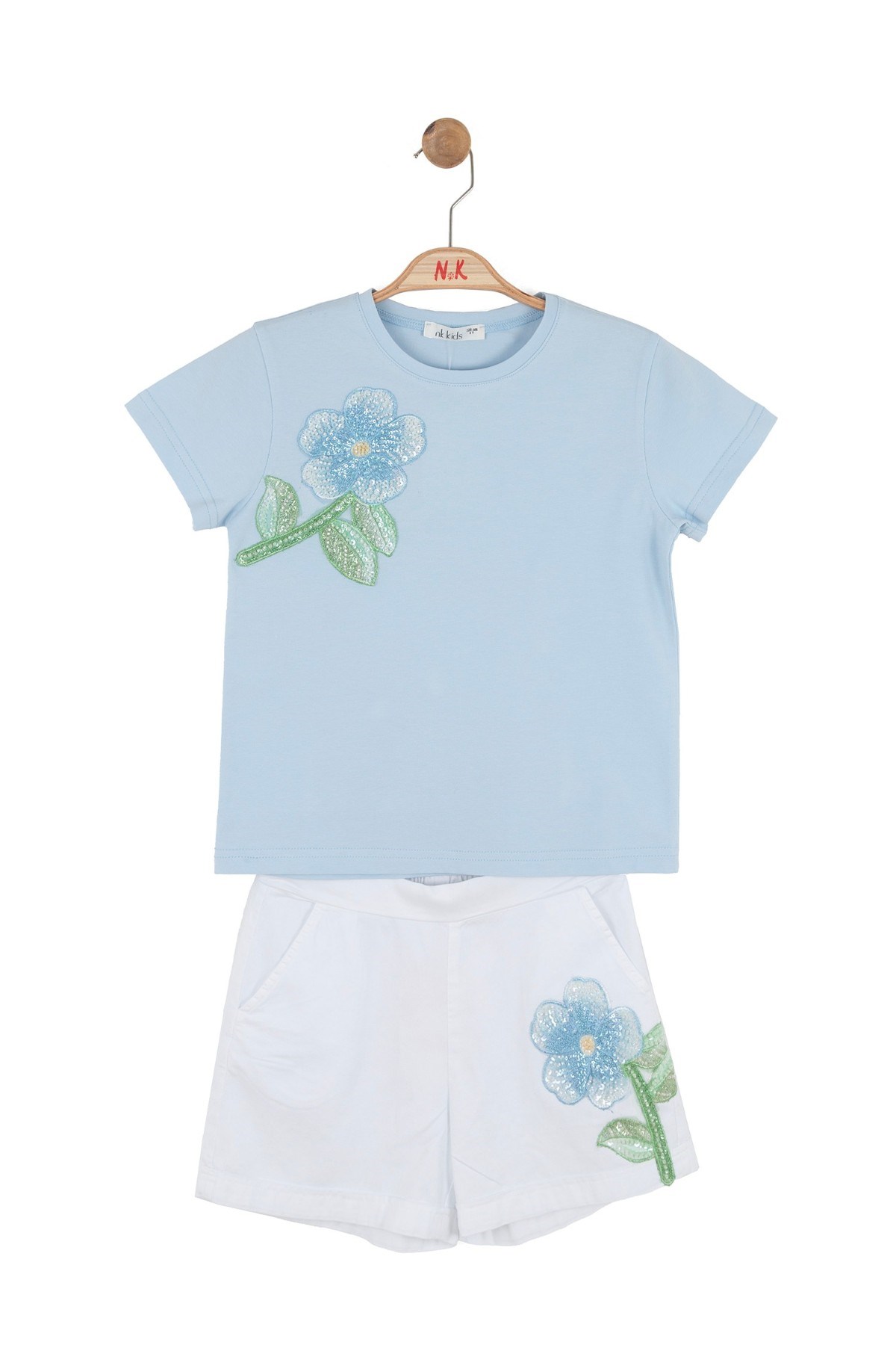 Nk Kids Kız Çocuk 4-8 Yaş Boncuk Nakışlı İkili Şortlu Takım Mavi