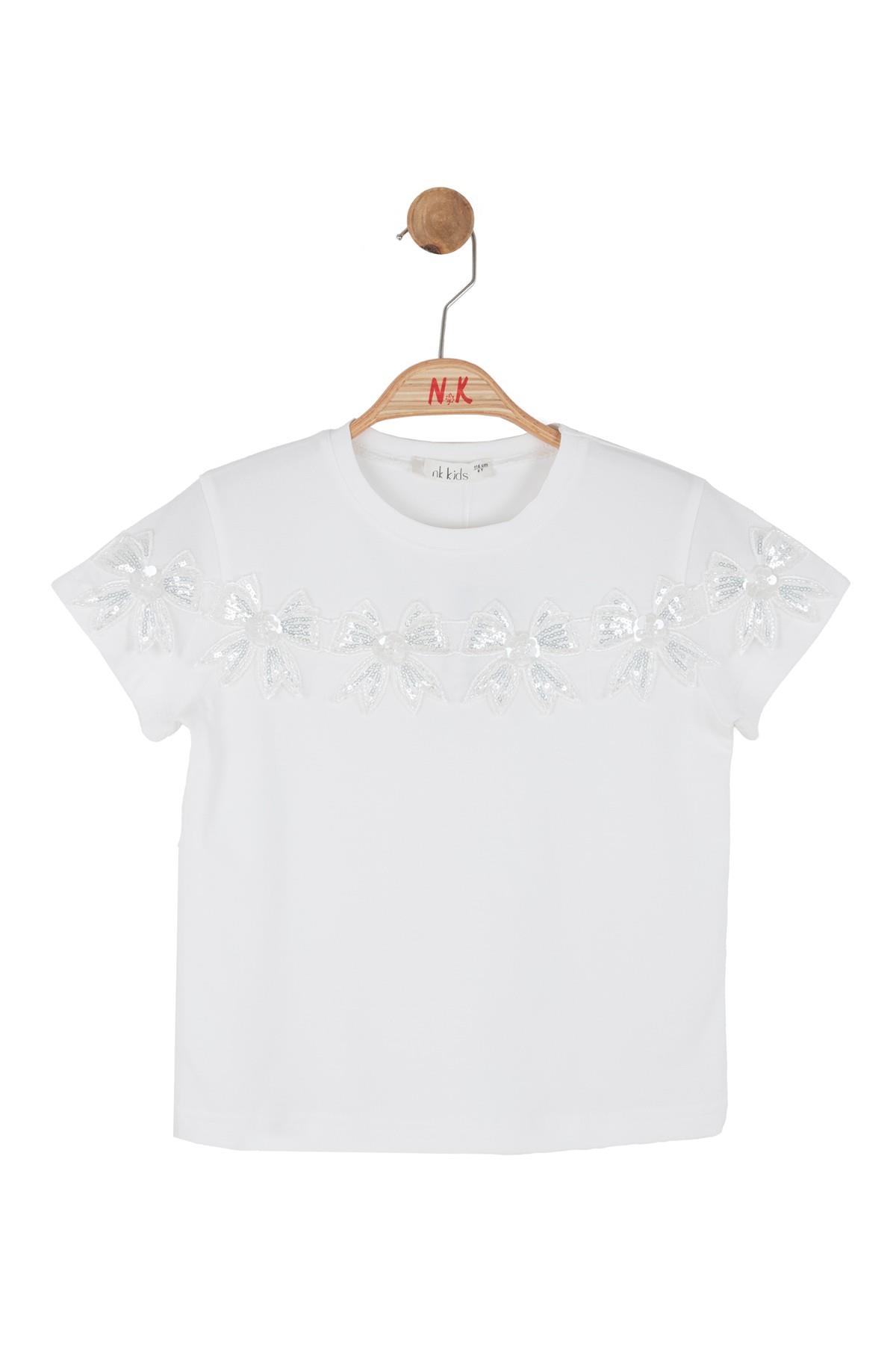 Nk Kids Kız Çocuk 4-8 Yaş Çiçek Desenli Boncuk İşlemeli T-Shirt Beyaz