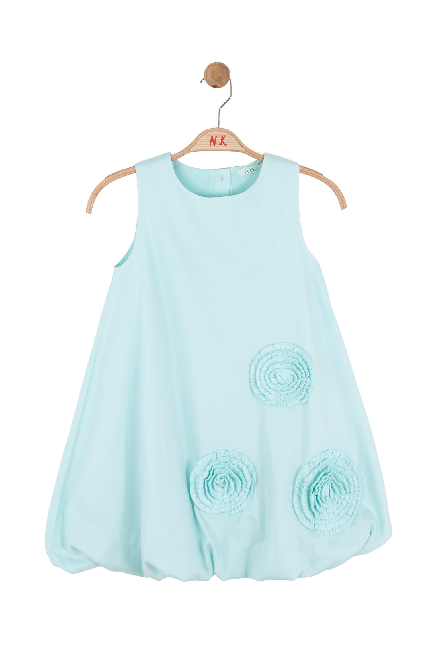 Nk Kids Kız Çocuk 4-8 Yaş Çiçek İşlemeli Crep Kumaş Balon Elbise Mavi