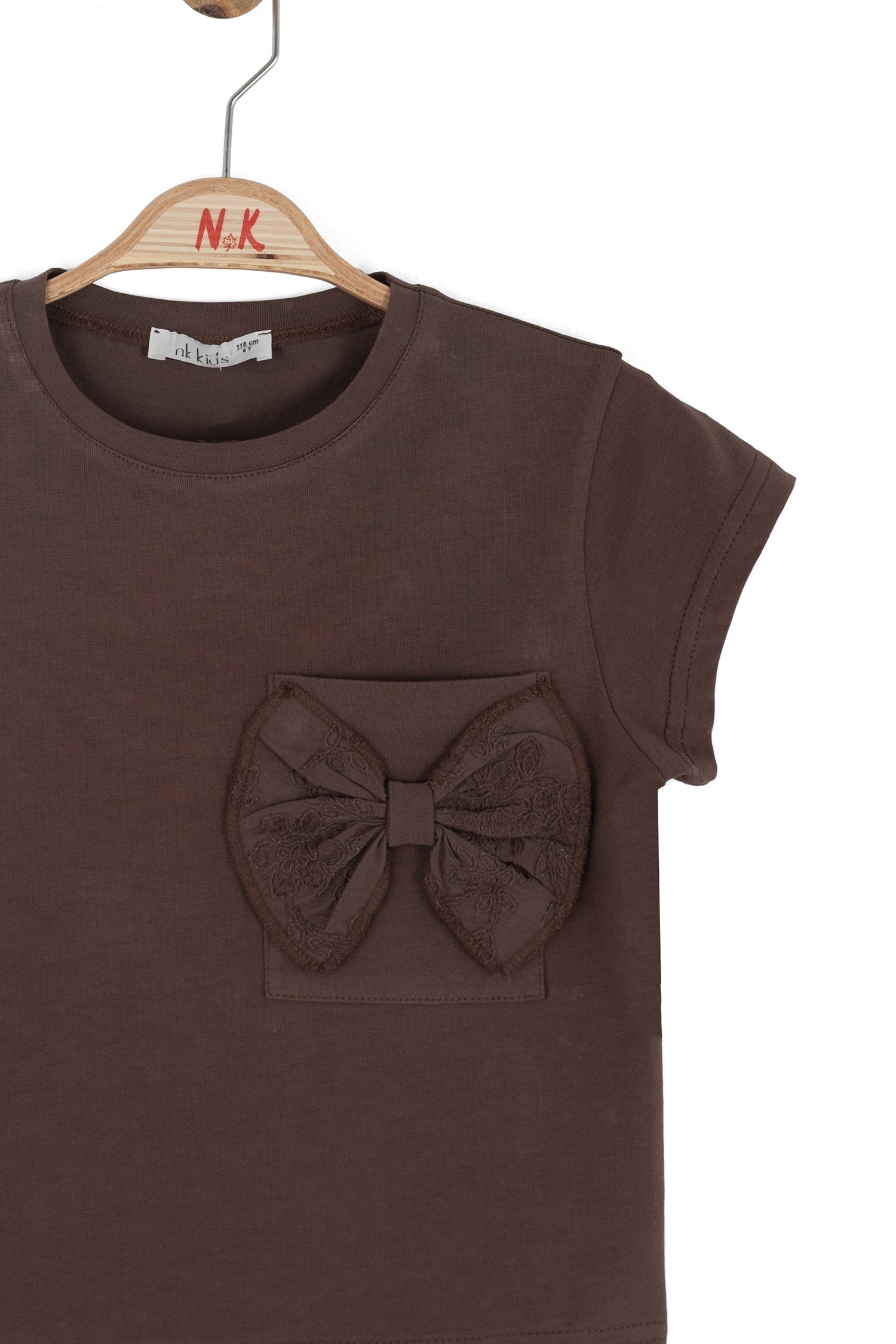 Nk Kids Kız Çocuk 4-8 Yaş Fiyonk Detaylı Cepli Kısa Kol T-shirt Kahverengi