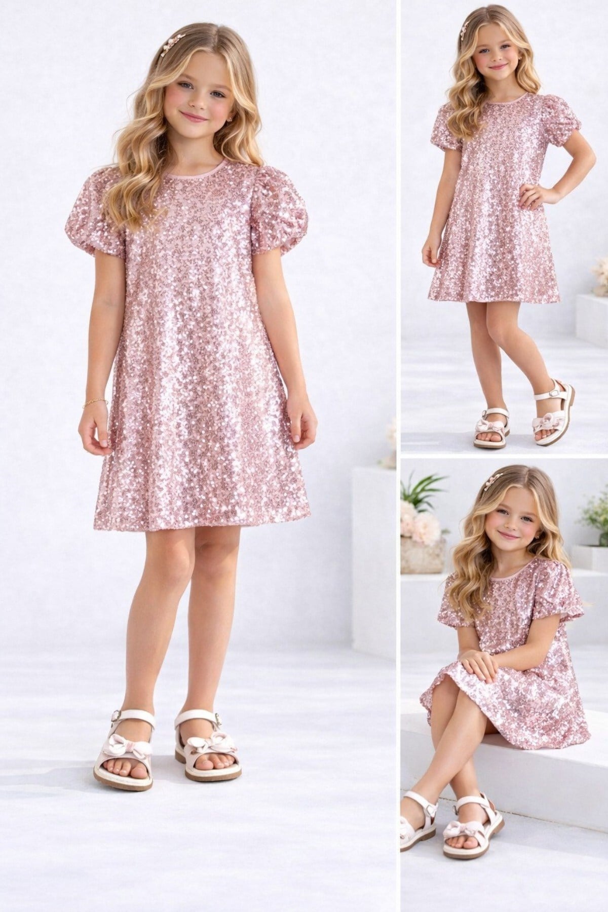 Nk Kids Kız Çocuk 4-8 Yaş Karpuz Kol Penye Astarlı Pul Payet Elbise Pembe