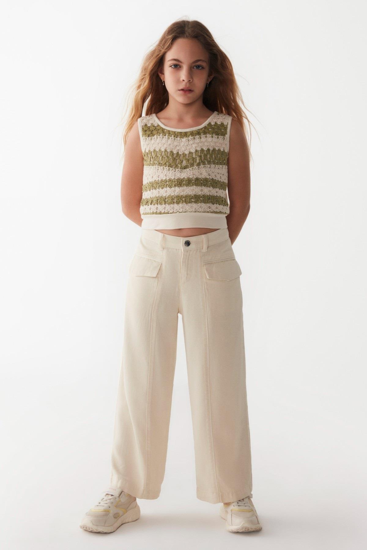 Nk Kids Kız Çocuk 8-14 Yaş Bol Paça Keten Pantolon 56710 Krem