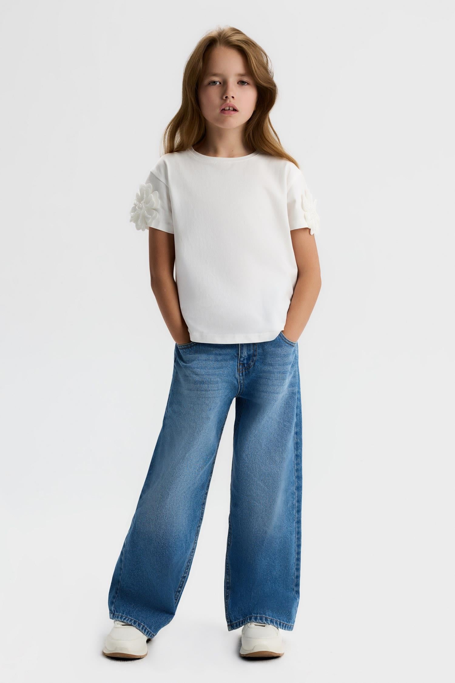 Nk Kids Kız Çocuk 8-14 Yaş Boncuklu Çiçek İşlemeli Kısa Kol T-shirt Ekru