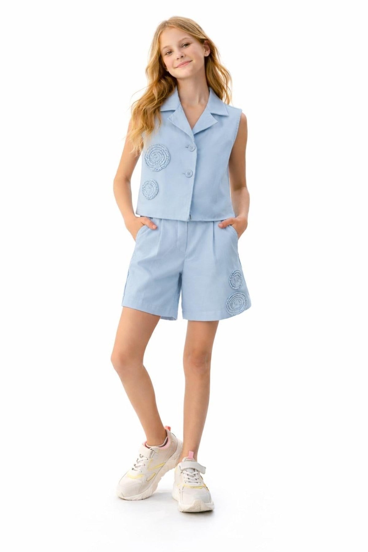 Nk Kids Kız Çocuk 8-14 Yaş Gül Detaylı Yelekli Şort Takım Mavi