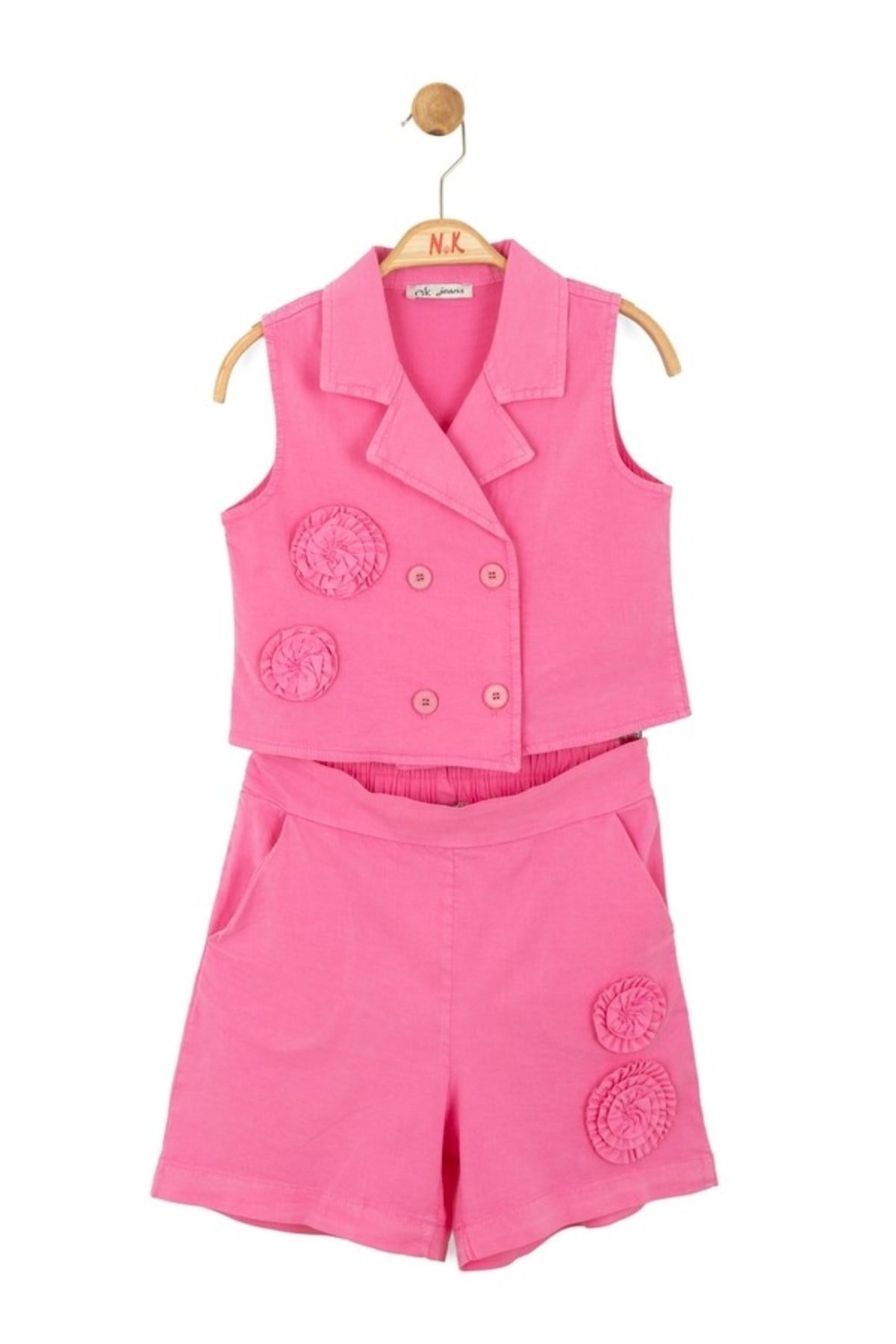 Nk Kids Kız Çocuk 8-14 Yaş Gül Detaylı Yelekli Şort Takım Fuşya