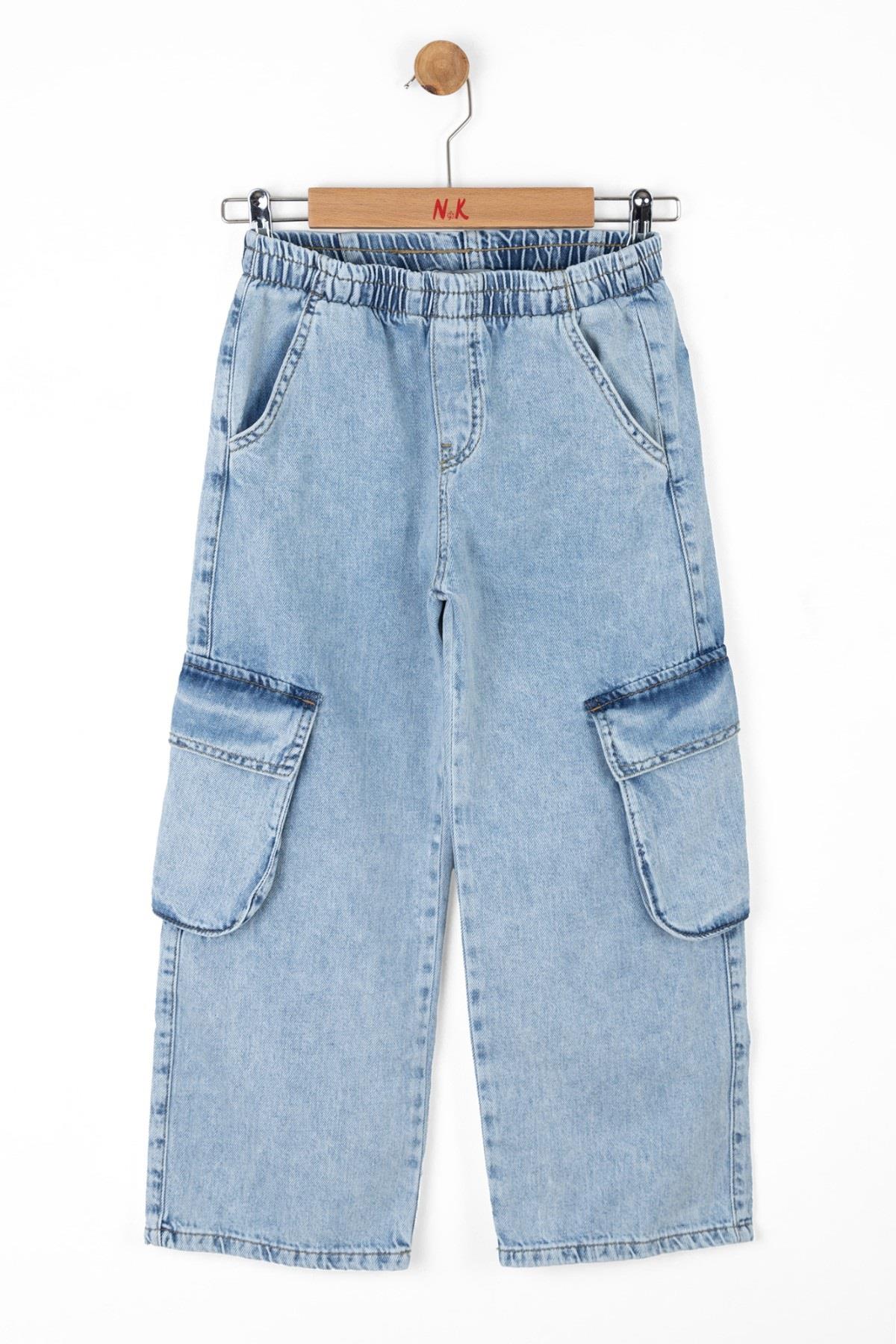 Nk Kids Kız Çocuk 8-14 Yaş Kargo Cep Bol Paça Denim Pantolon 56705 Mavi