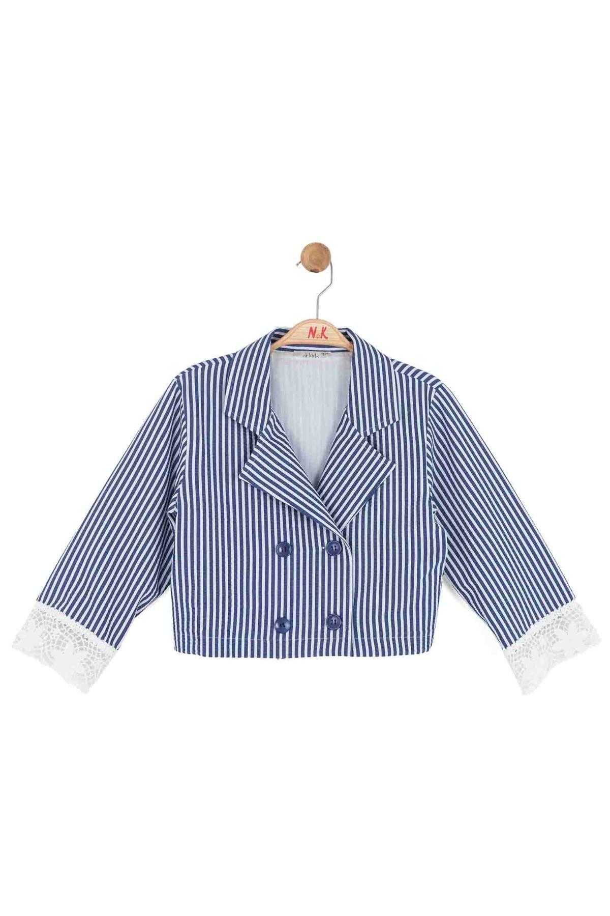 Nk Kids Kız Çocuk 8-14 Yaş Marin Desen Fisto İşlemeli Keten Ceket Lacivert