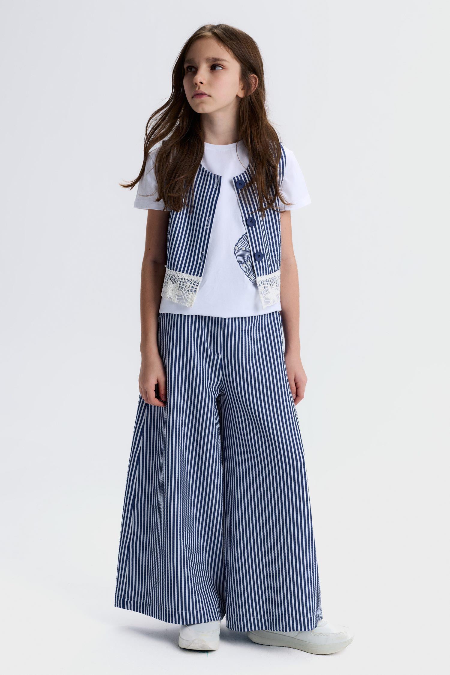 Nk Kids Kız Çocuk 8-14 Yaş Marin Desen Fistolu Crop Yelek Lacivert