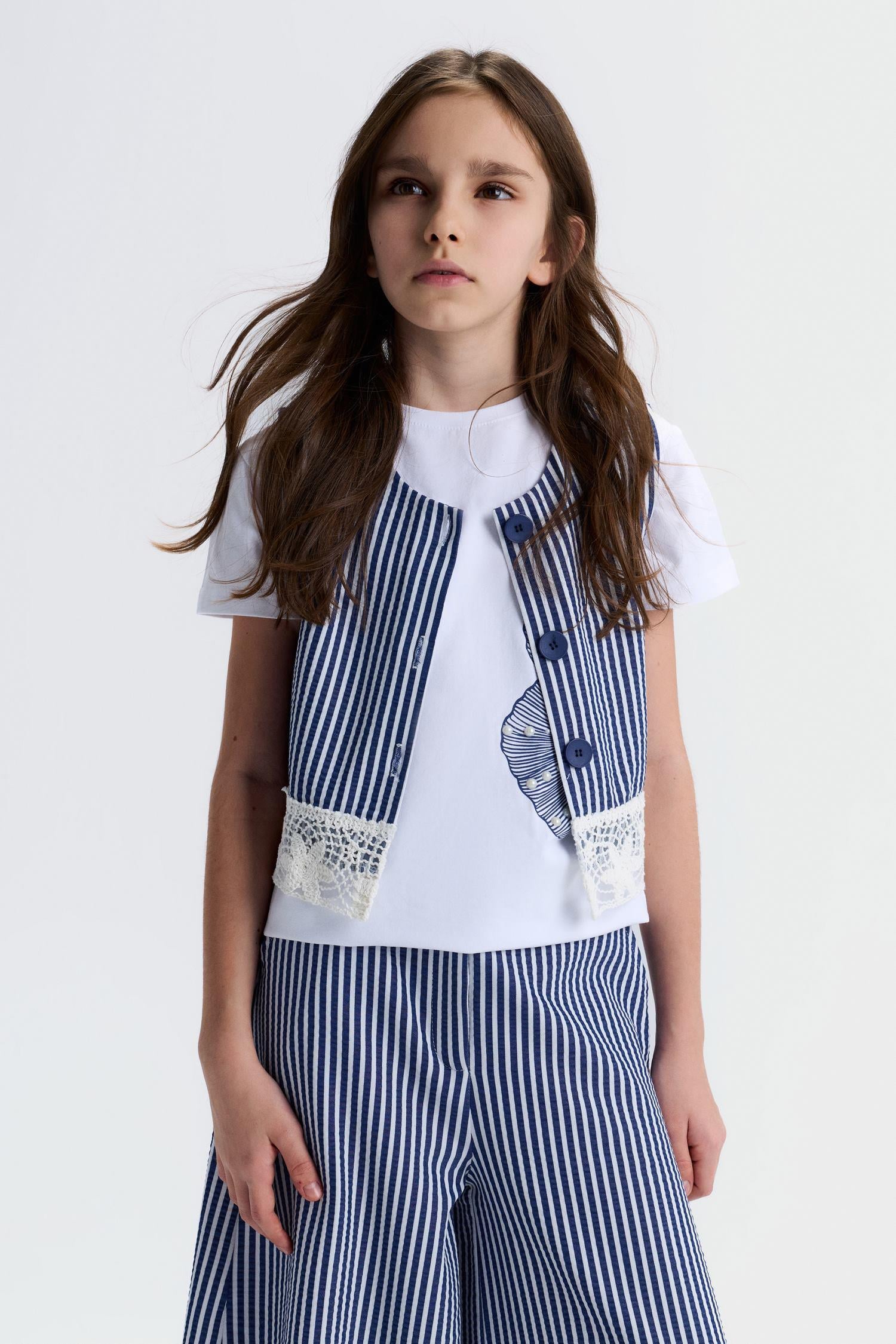 Nk Kids Kız Çocuk 8-14 Yaş Marin Desen Fistolu Crop Yelek Lacivert
