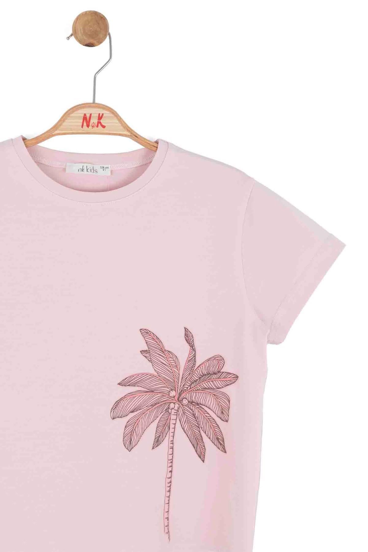 Nk Kids Kız Çocuk 8-14 Yaş Palmiye Desenli Kısa Kol T-Shirt Pudra
