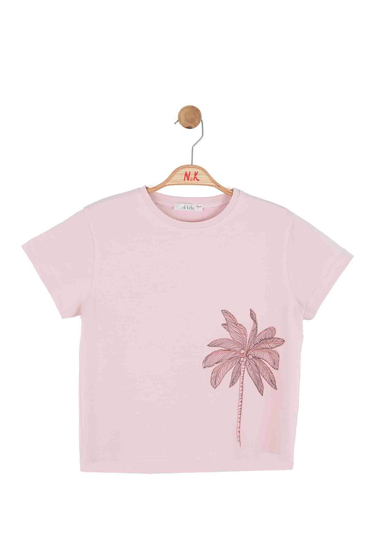 Nk Kids Kız Çocuk 8-14 Yaş Palmiye Desenli Kısa Kol T-Shirt Pudra