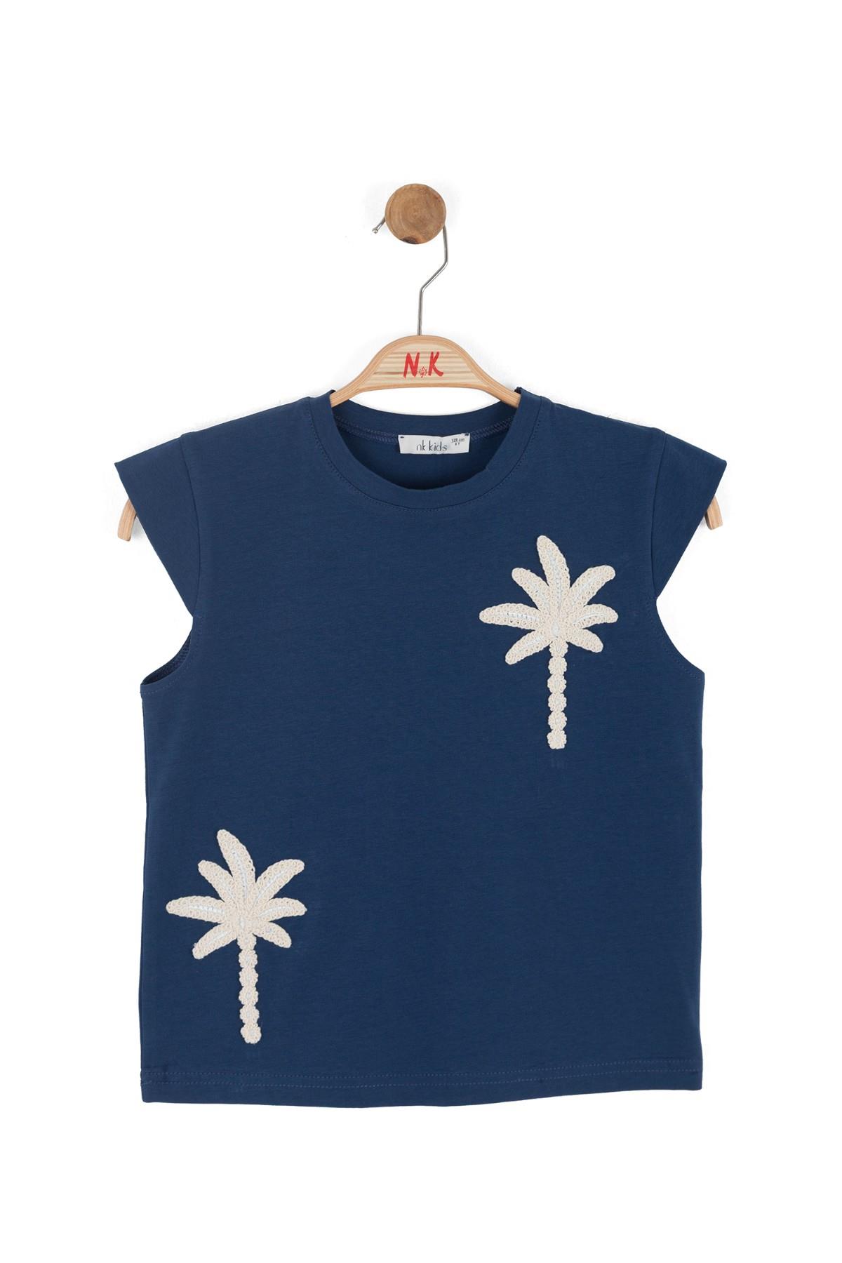 Nk Kids Kız Çocuk 8-14 Yaş Palmiye Nakışlı Kısa Kol T-Shirt Lacivert