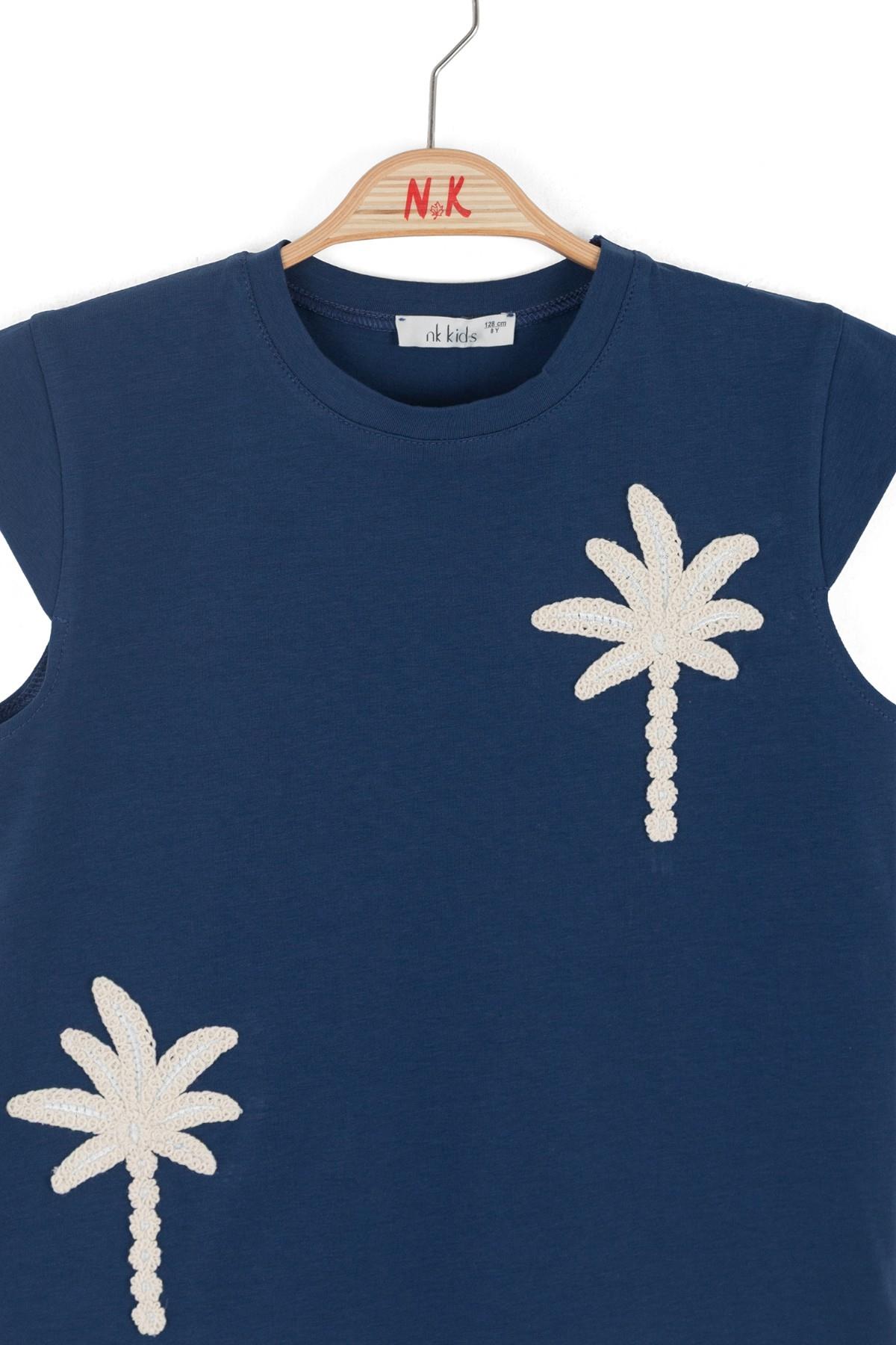 Nk Kids Kız Çocuk 8-14 Yaş Palmiye Nakışlı Kısa Kol T-Shirt Lacivert