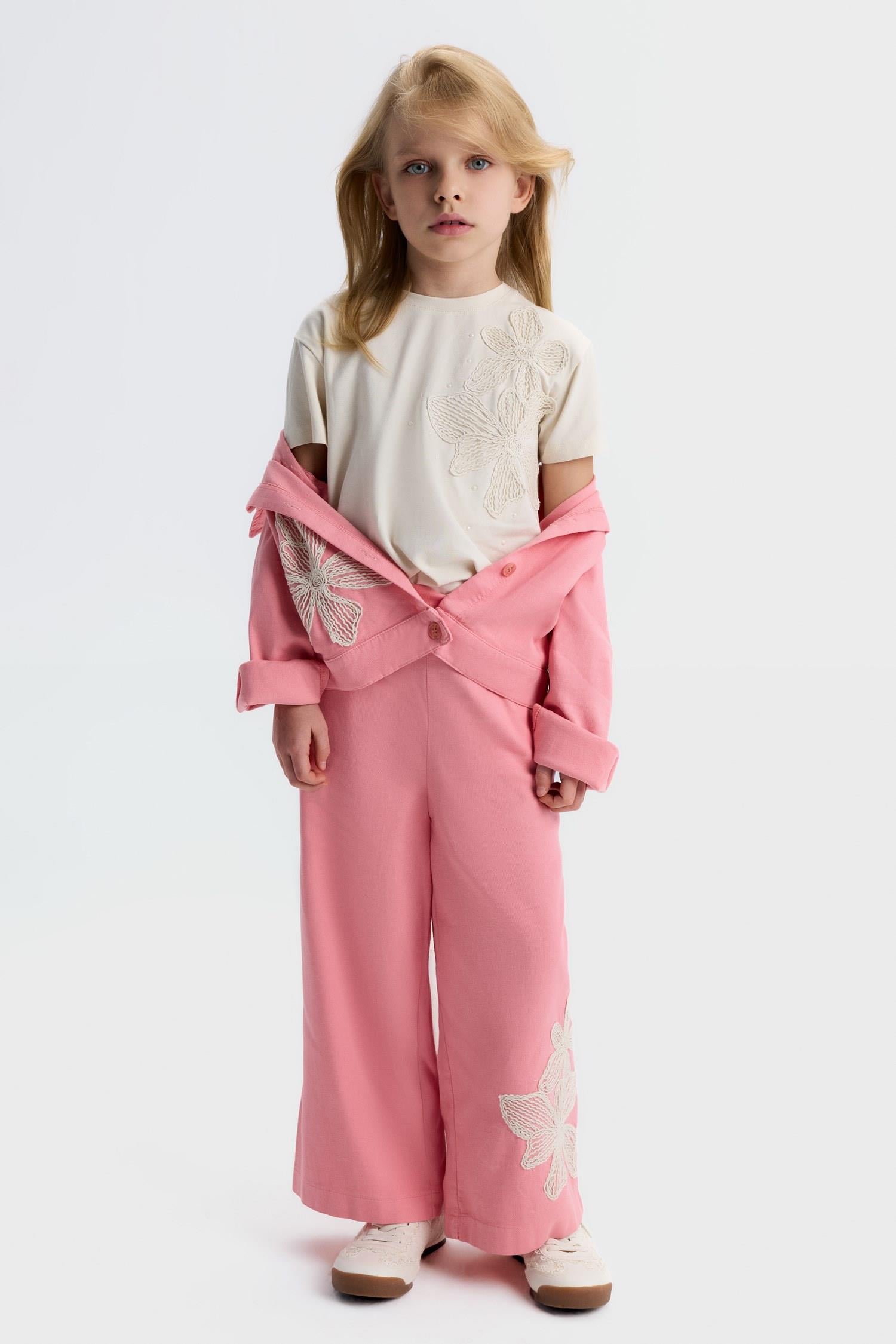 Nk Kids Kız Çocuk 4-8 Yaş Çicek Motifli Kısa Kol T-shirt Bej