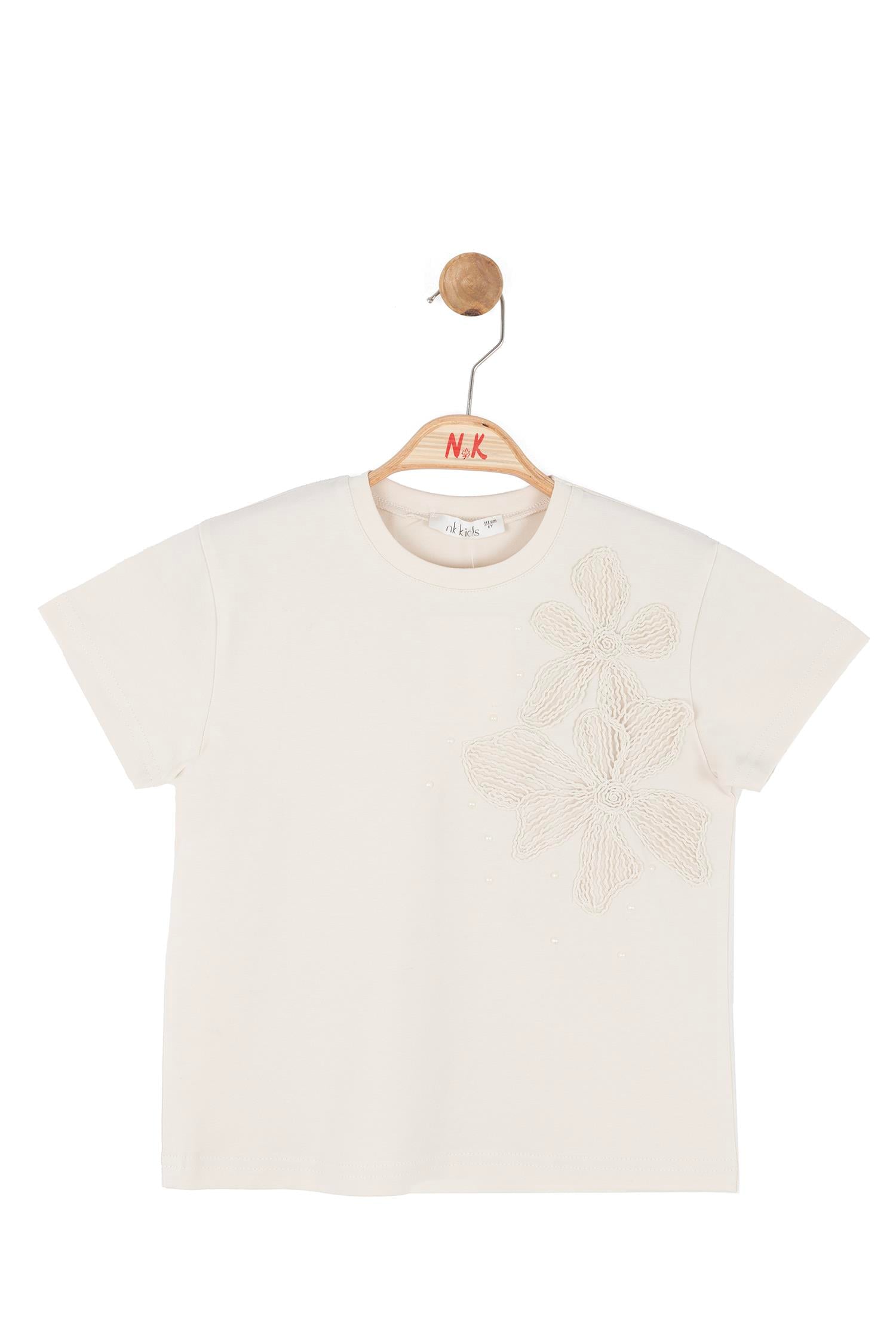 Nk Kids Kız Çocuk 4-8 Yaş Çicek Motifli Kısa Kol T-shirt Bej