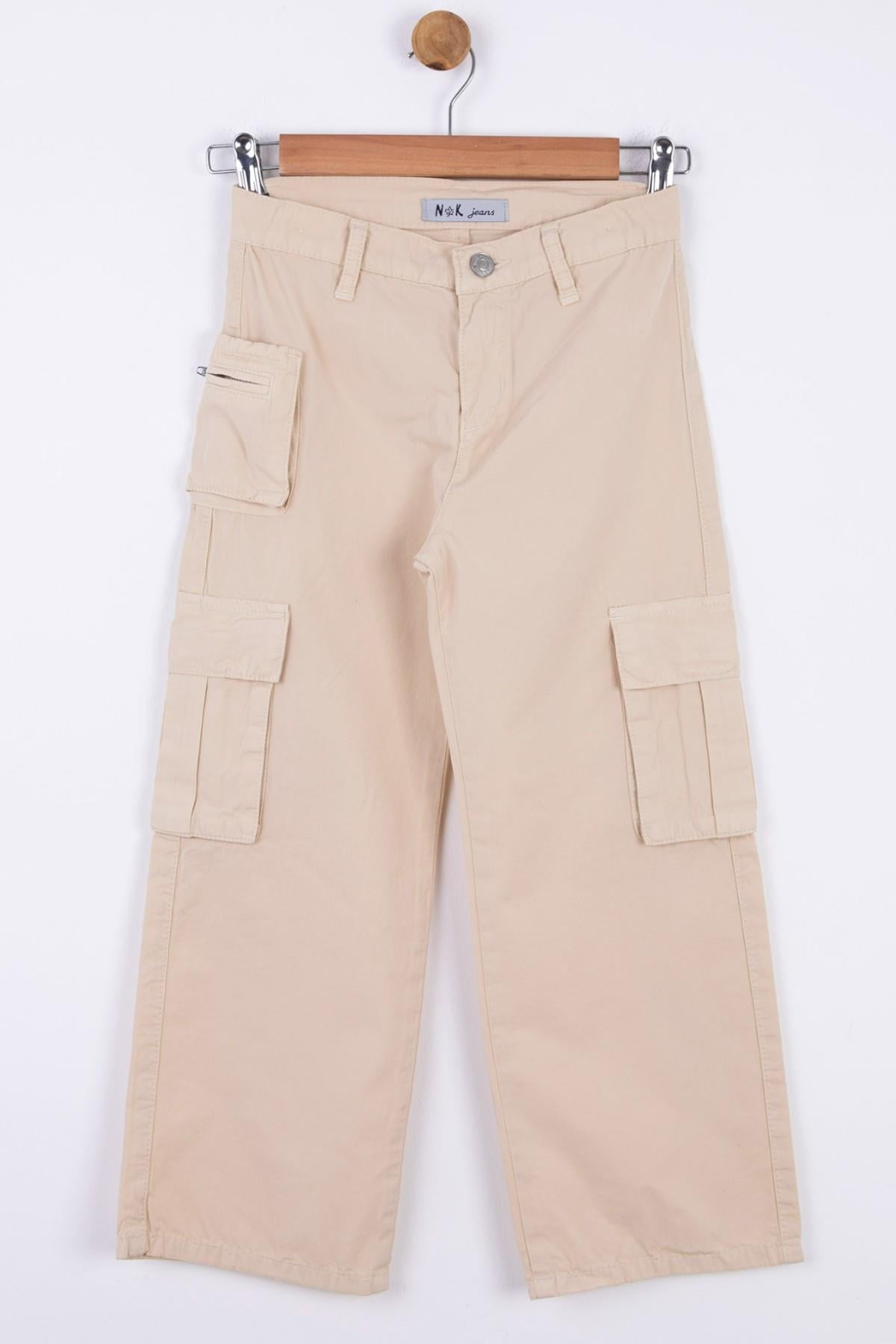 Nk Kids Kız Çocuk Kargo Cep Bol Paça Yazlık  Pantolon 56701 Krem