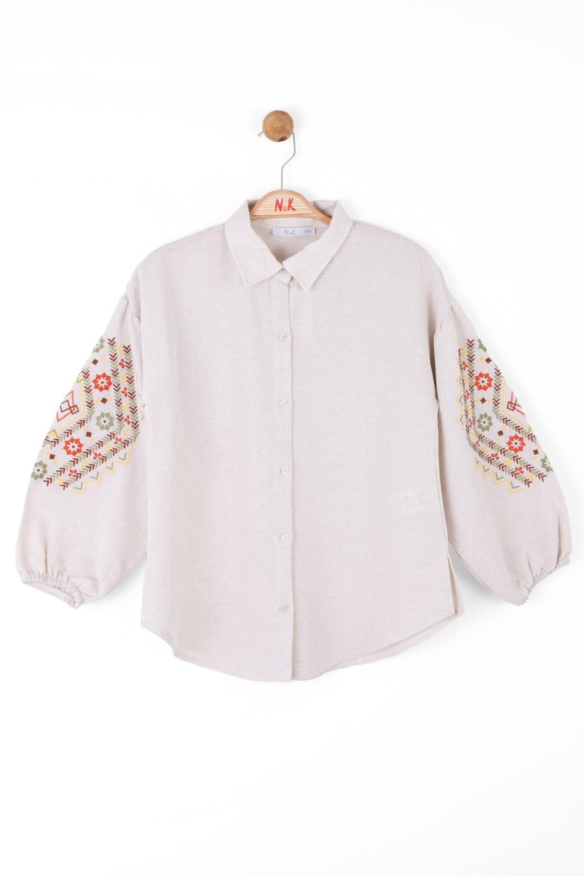 Nk Kids Kız Çocuk Kolları İşlemeli Keten Gömlek 36417 Krem