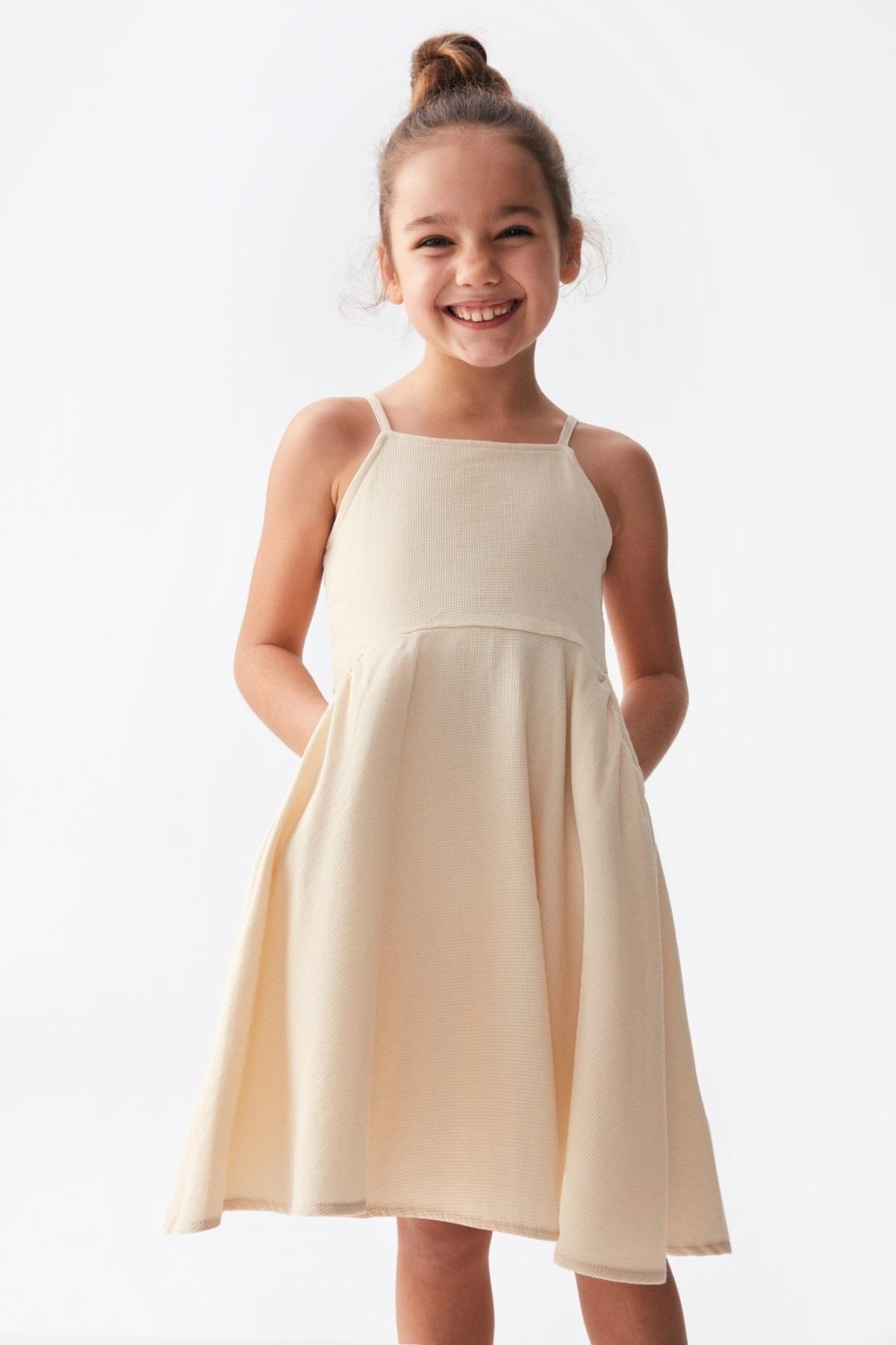 Nk Kids Kız Çocuk Petek Doku %100 Pamuk Elbise 76503 Krem