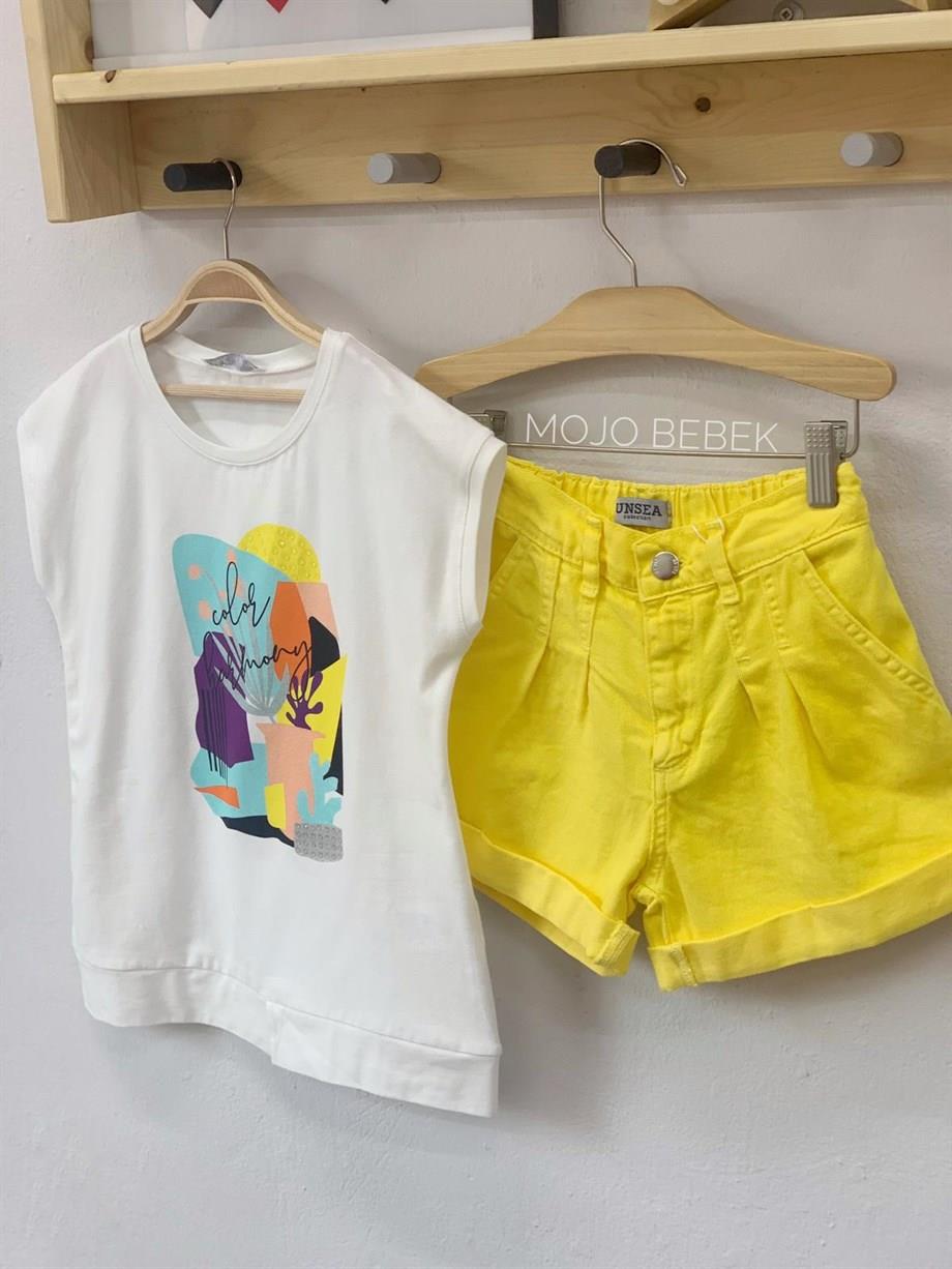 NK Kids Kız Çocuk Pileli Lastikli Bel Şort 52701 Sarı