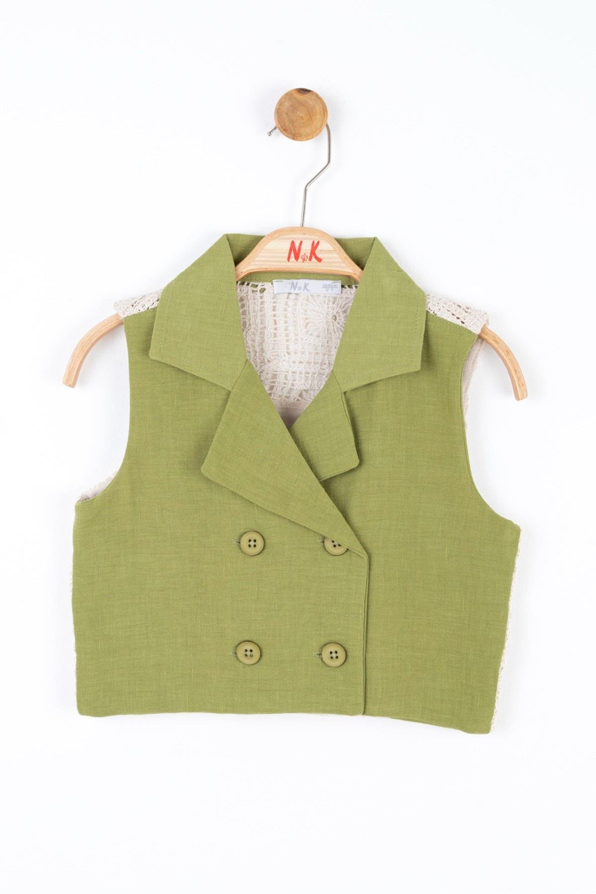 Nk Kids Kız Çocuk Sırt Dantel Motifli Düğmeli Yelek 36404 Haki