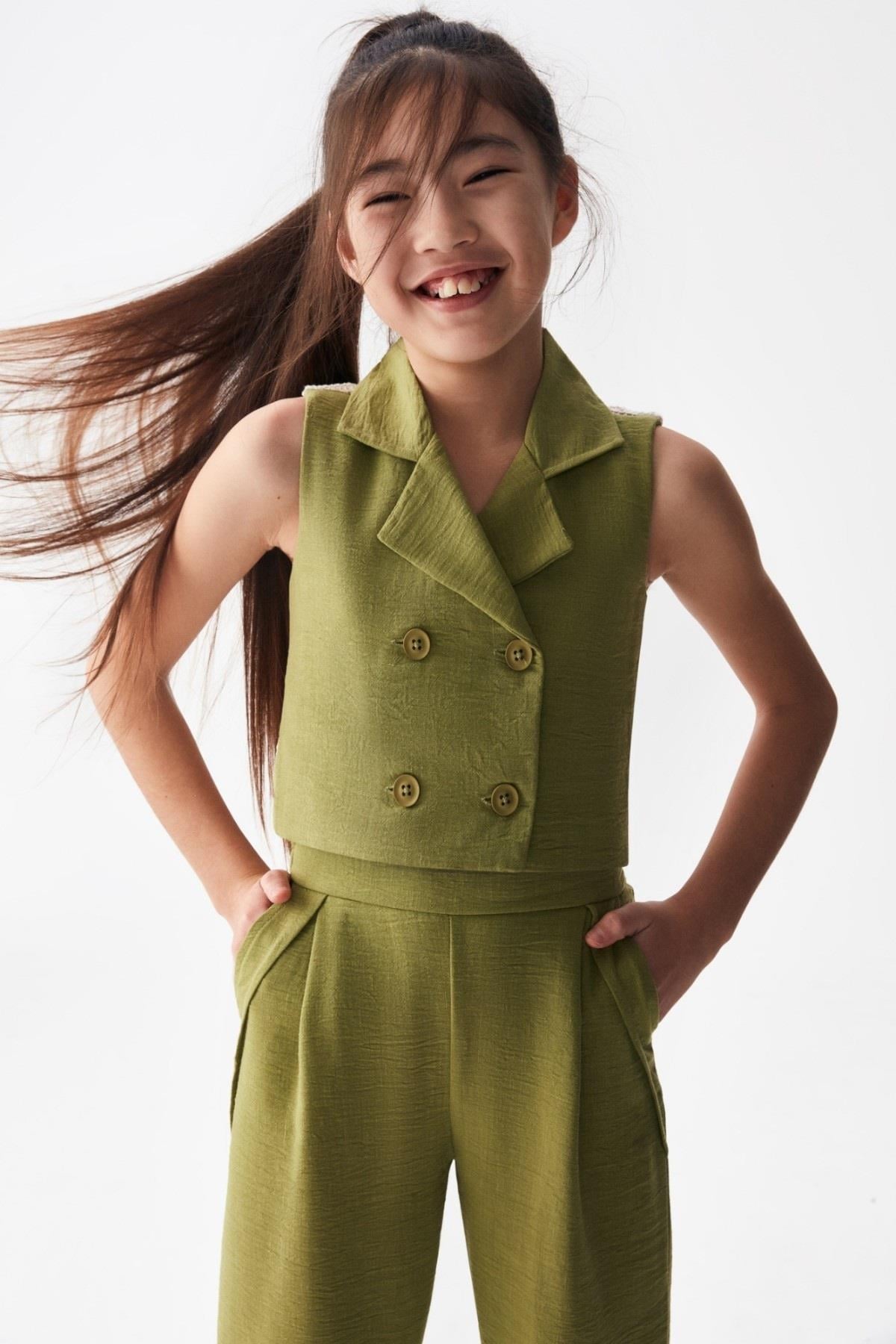 Nk Kids Kız Çocuk Sırt Dantel Motifli Düğmeli Yelek 36404 Haki