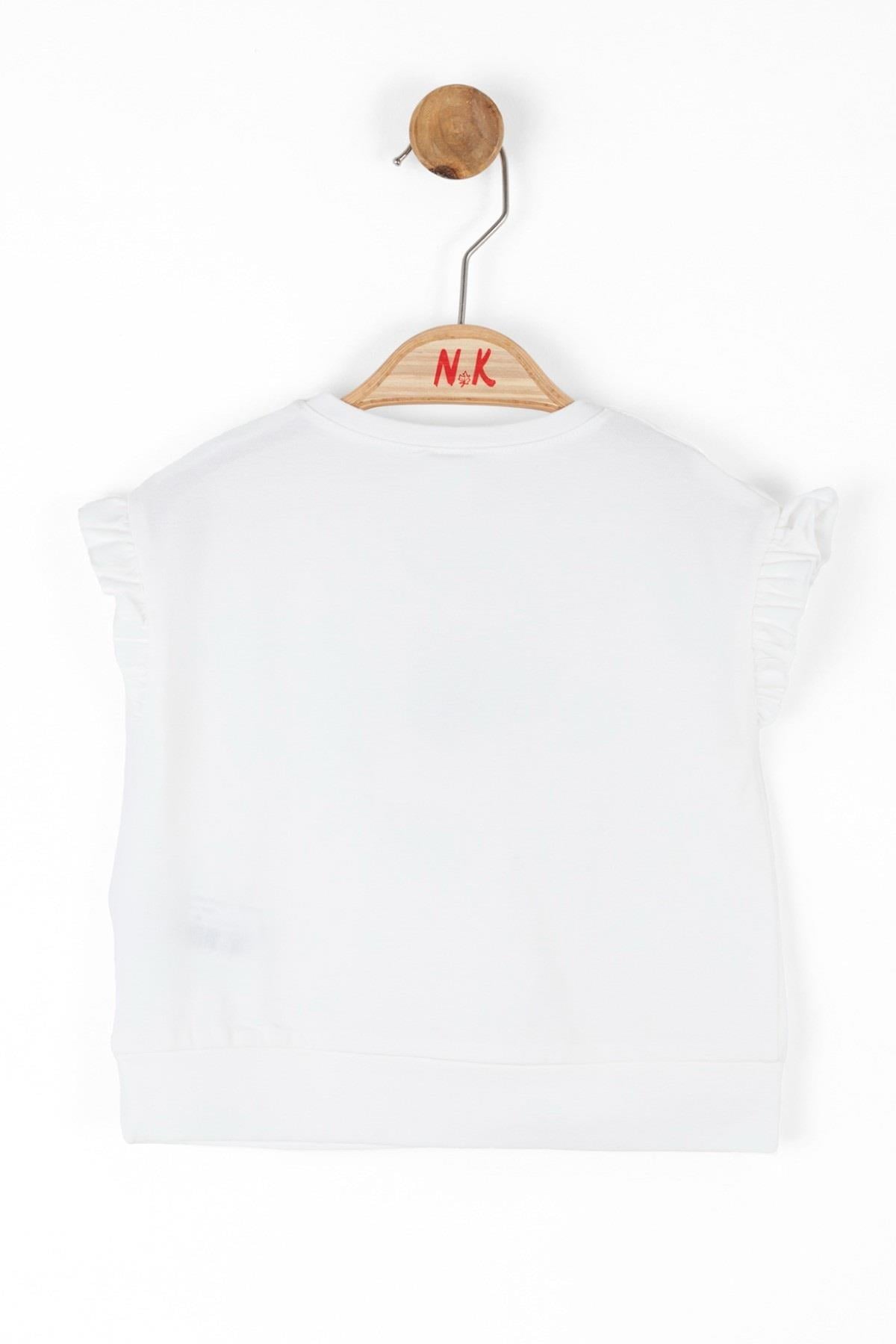 Nk Kids Kolları Fırfırlı Baskılı Kısa Kol T-shirt 36603 Ekru