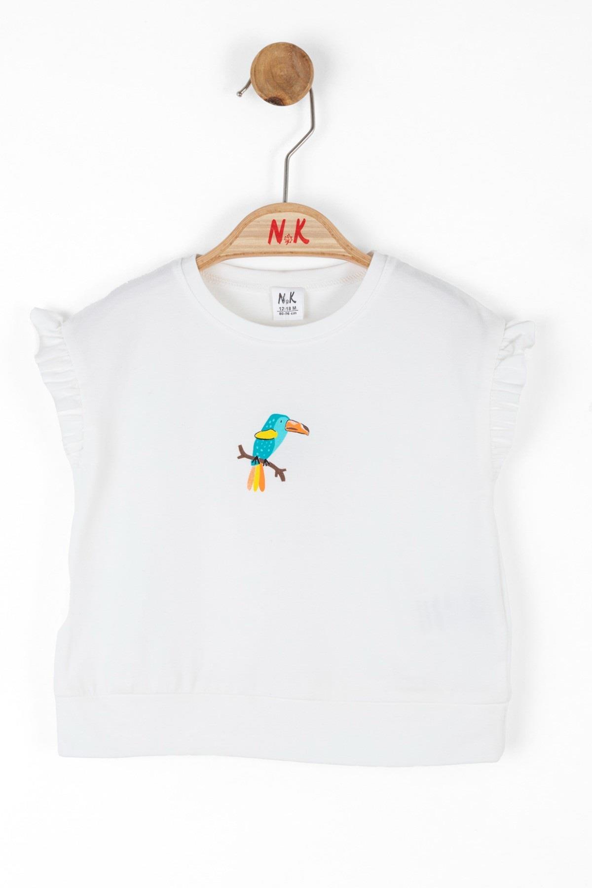 Nk Kids Kolları Fırfırlı Baskılı Kısa Kol T-shirt 36603 Ekru
