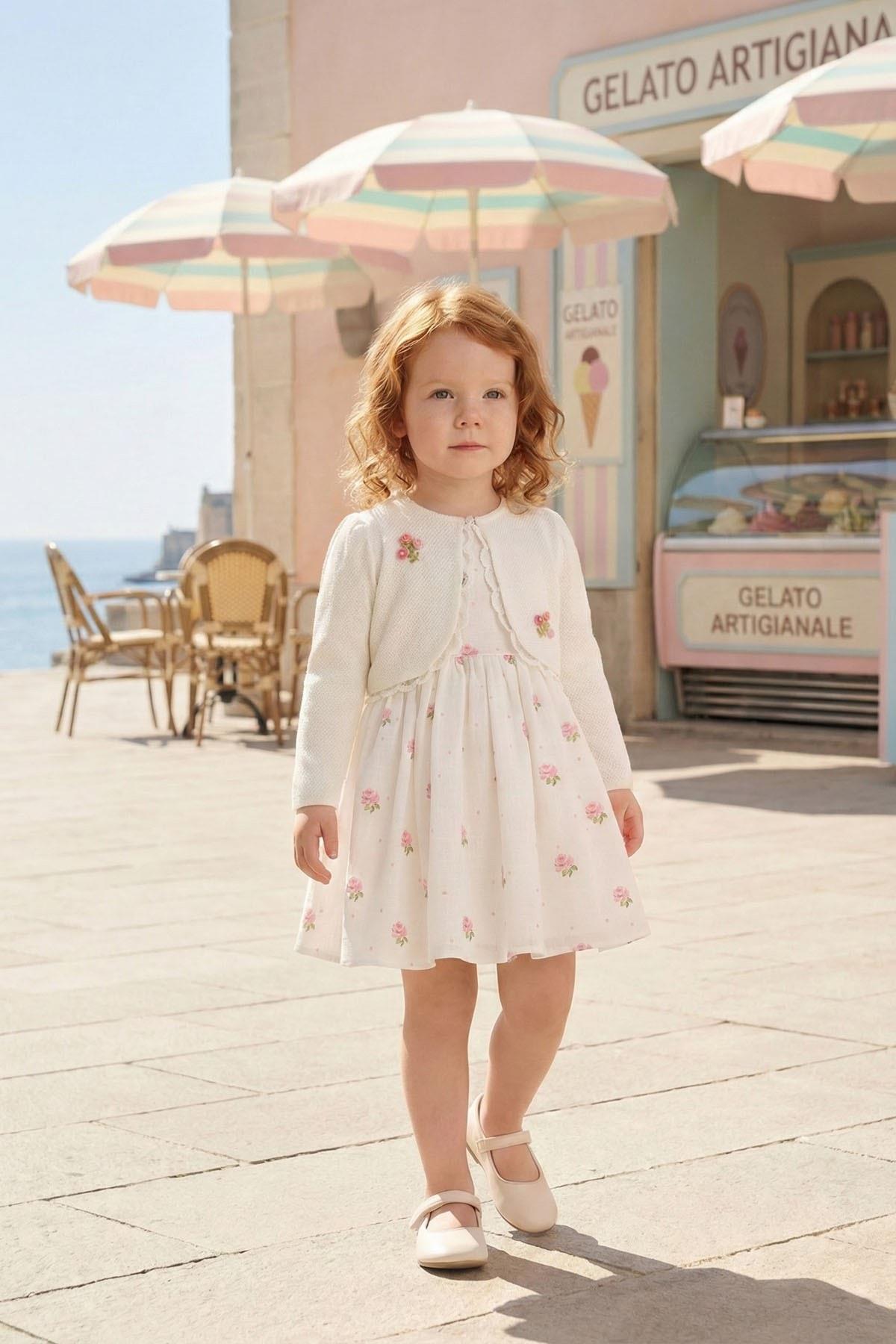 Pamina Kız Bebek 6-24 Ay Bolerolu Çiçek Desen Keten Elbise Beyaz