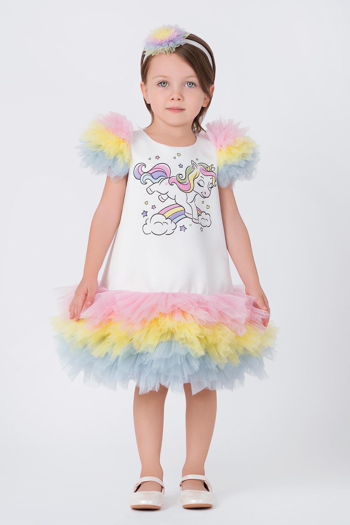 Pamina Kız Bebek 6-24 Ay Tütülü Unicorn Parti Elbisesi Renkli