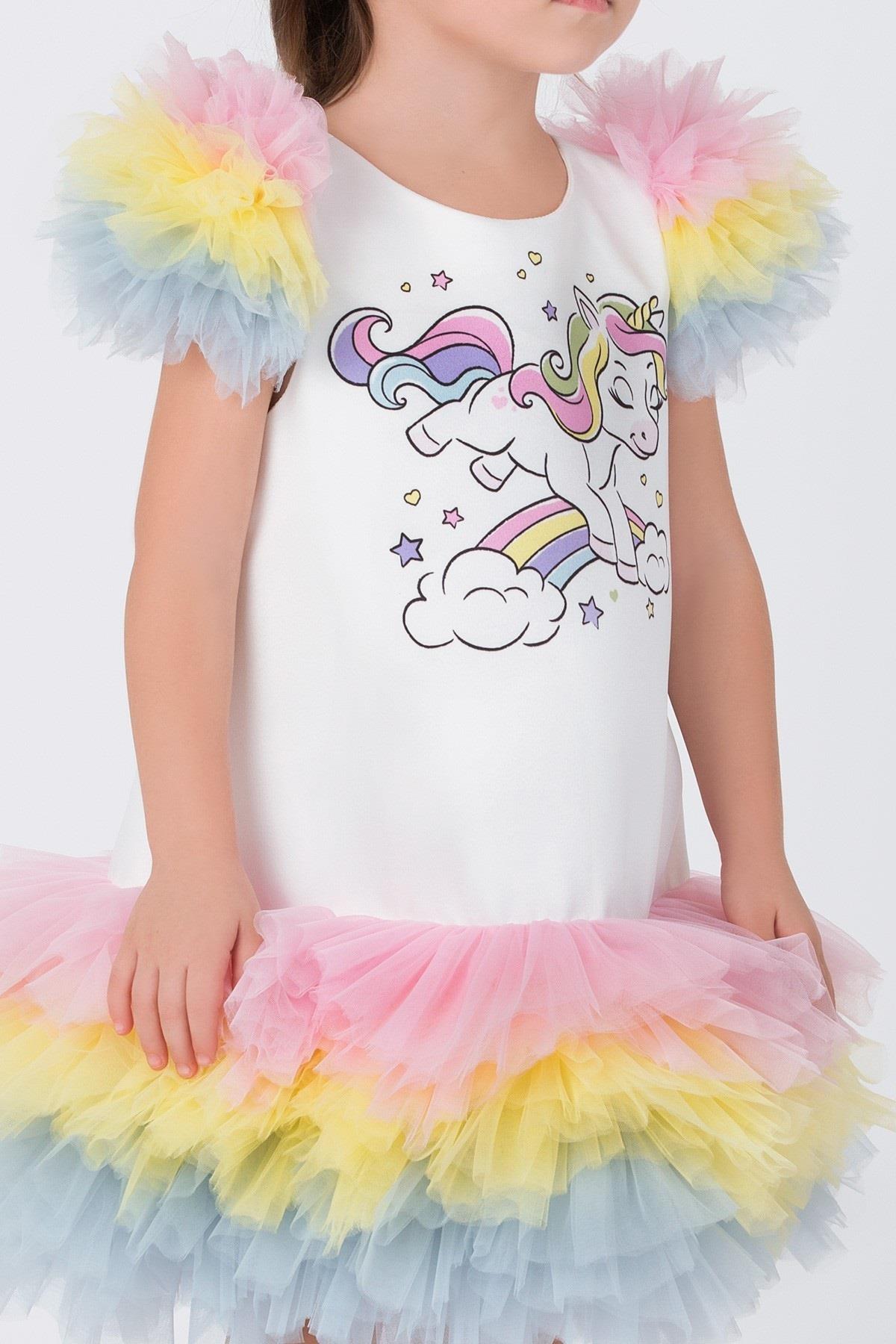 Pamina Kız Bebek 6-24 Ay Tütülü Unicorn Parti Elbisesi Renkli