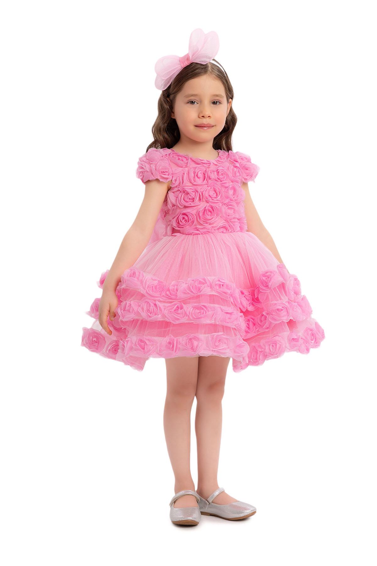 Pamina Kız Bebek 6 Ay- 24 Ay Üç Boyutlu Çiçek Kaplamalı Prenses Elbise Pembe
