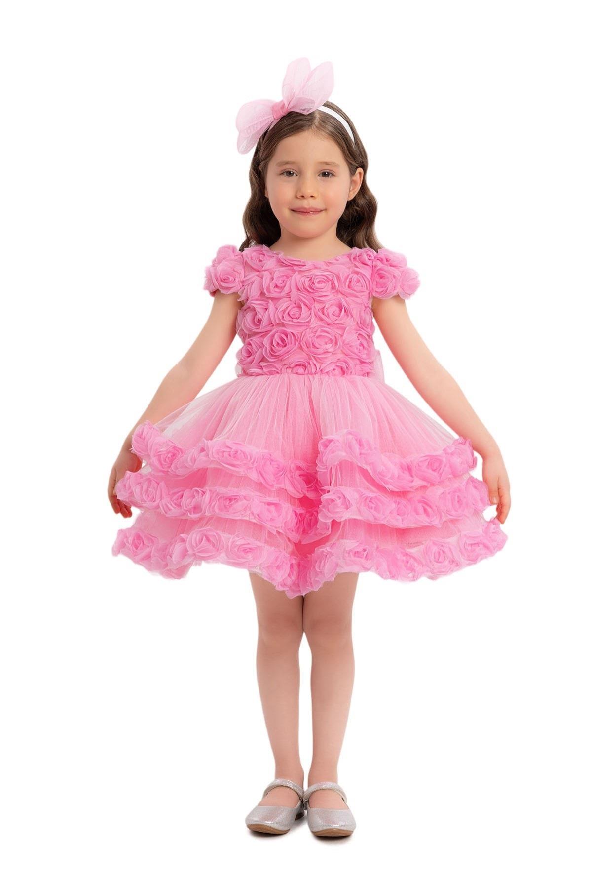 Pamina Kız Bebek 6 Ay- 24 Ay Üç Boyutlu Çiçek Kaplamalı Prenses Elbise Pembe
