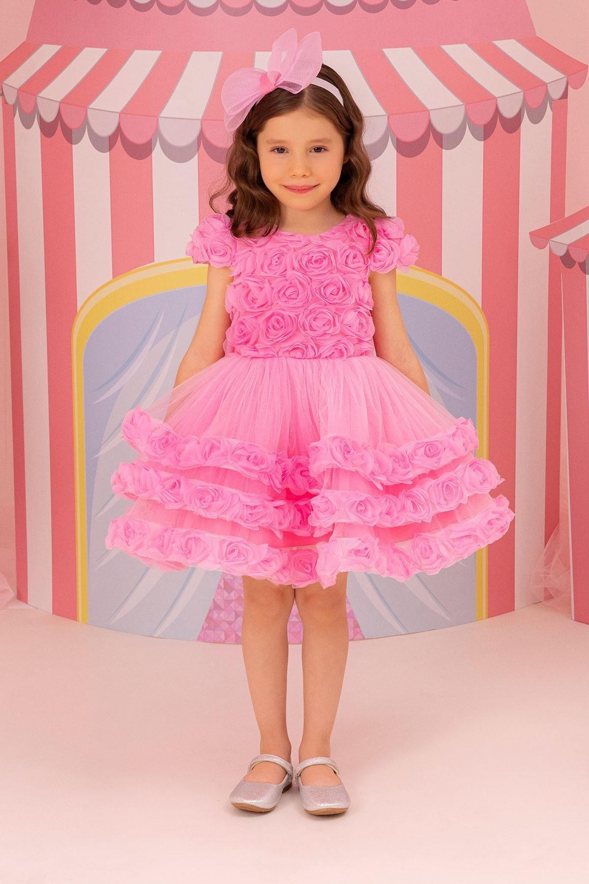 Pamina Kız Bebek 6 Ay- 24 Ay Üç Boyutlu Çiçek Kaplamalı Prenses Elbise Pembe