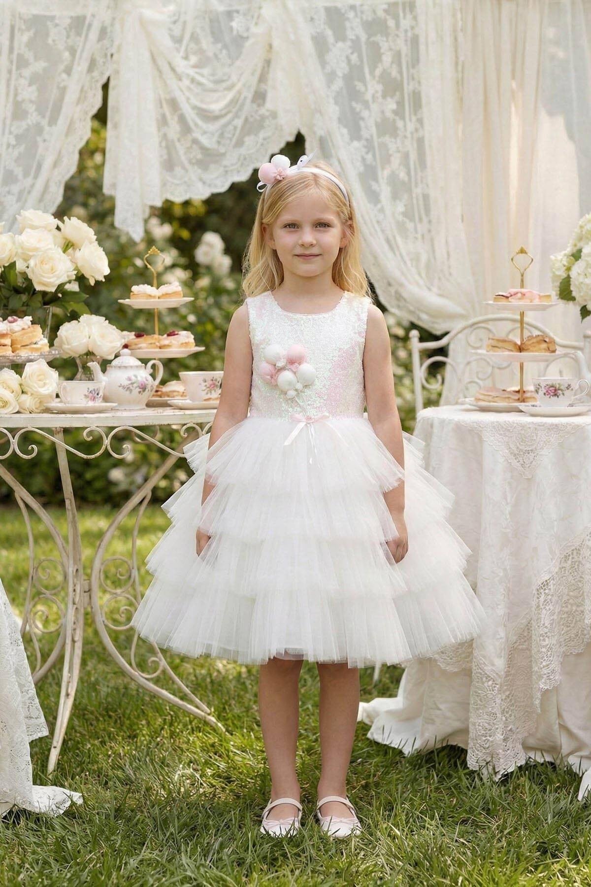Pamina Kız Çocuk 3-7 Yaş Balon Buketli Taç Detaylı Tüllü Elbise Ekru