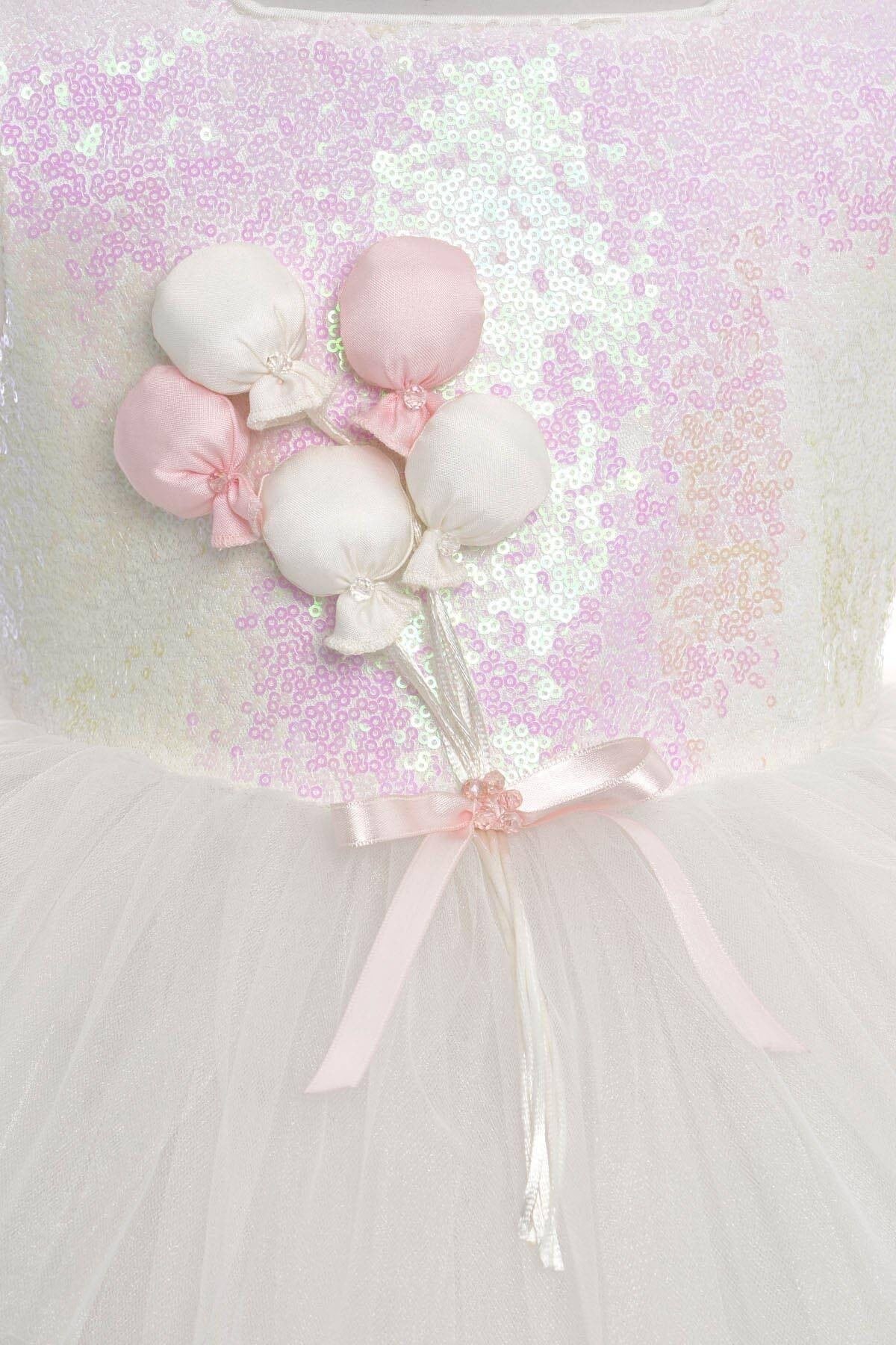 Pamina Kız Çocuk 3-7 Yaş Balon Buketli Taç Detaylı Tüllü Elbise Ekru