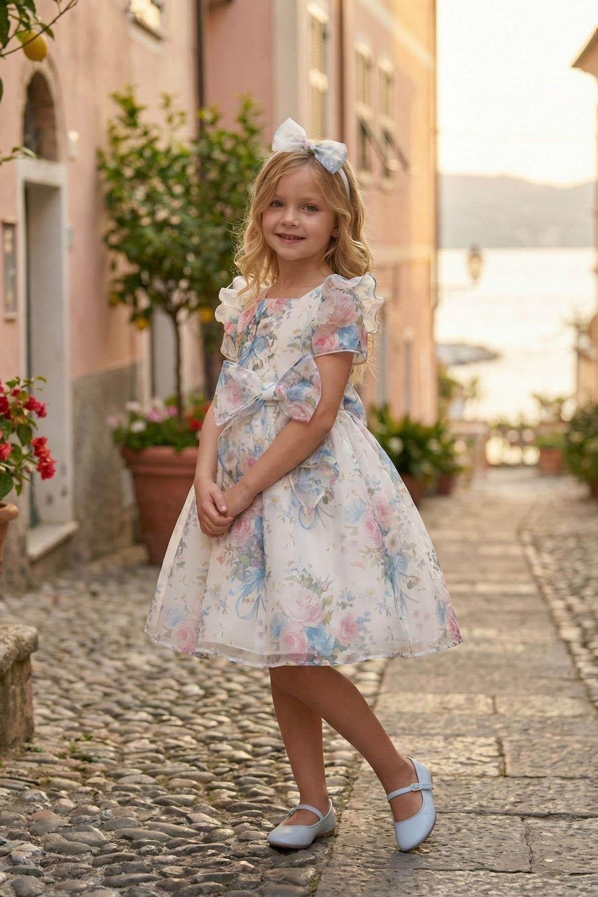 Pamina Kız Çocuk 3-7 Yaş Fiyonk Detaylı Çiçek Desenli Şifon Elbise Ekru