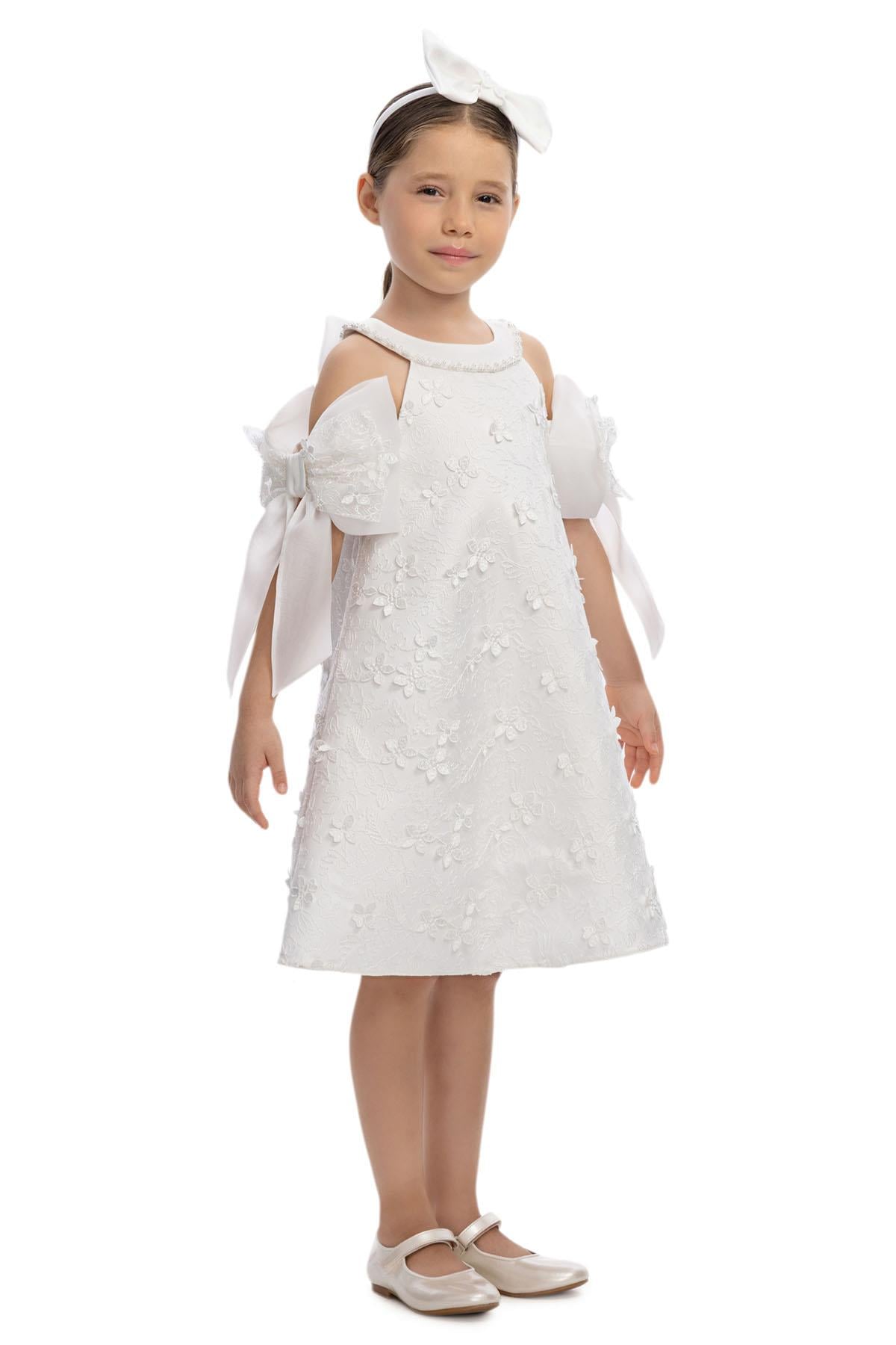 Pamina Kız Çocuk 3-7 Yaş Halter Yaka Dantel İşlemeli Elbise Beyaz