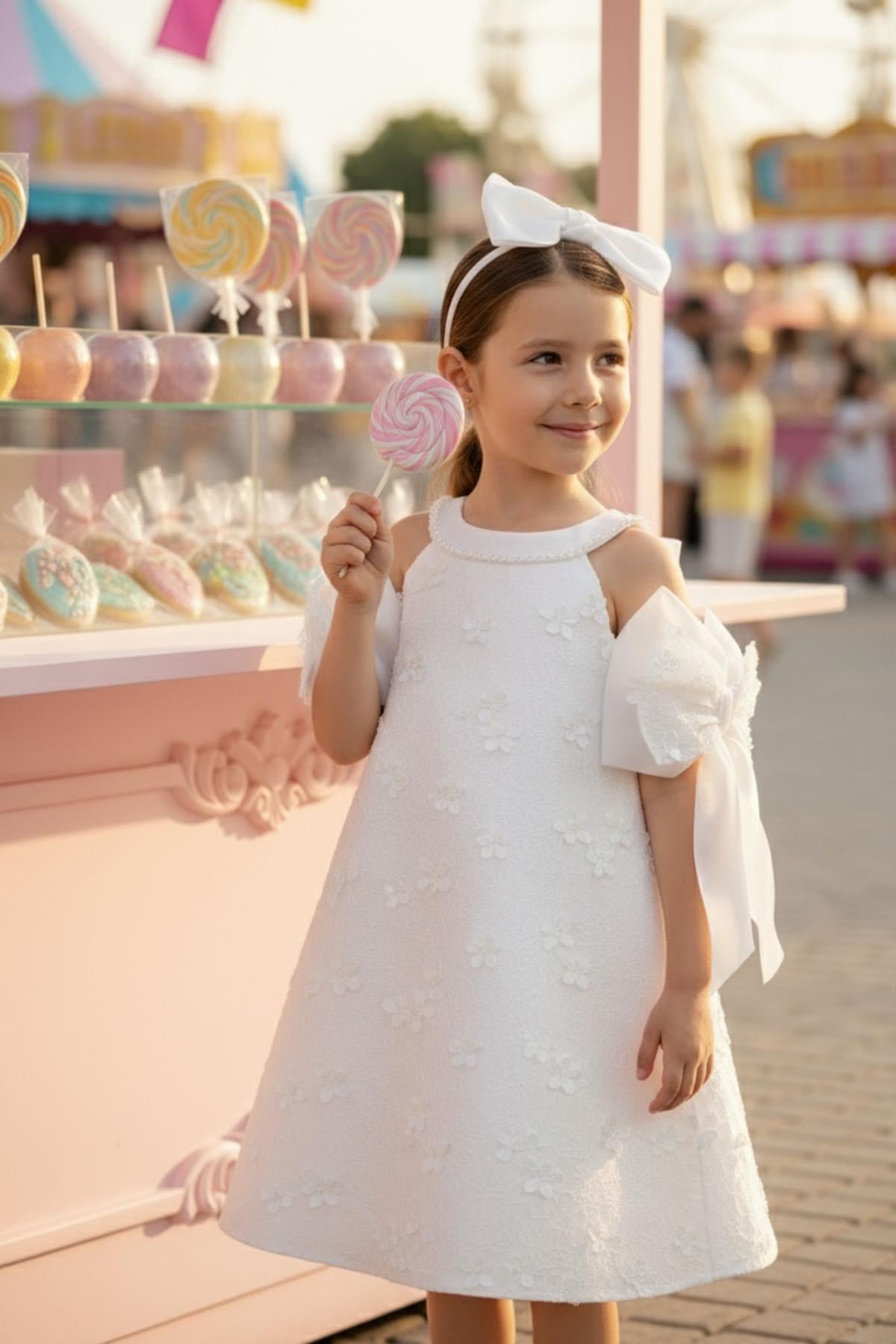 Pamina Kız Çocuk 3-7 Yaş Halter Yaka Dantel İşlemeli Elbise Beyaz