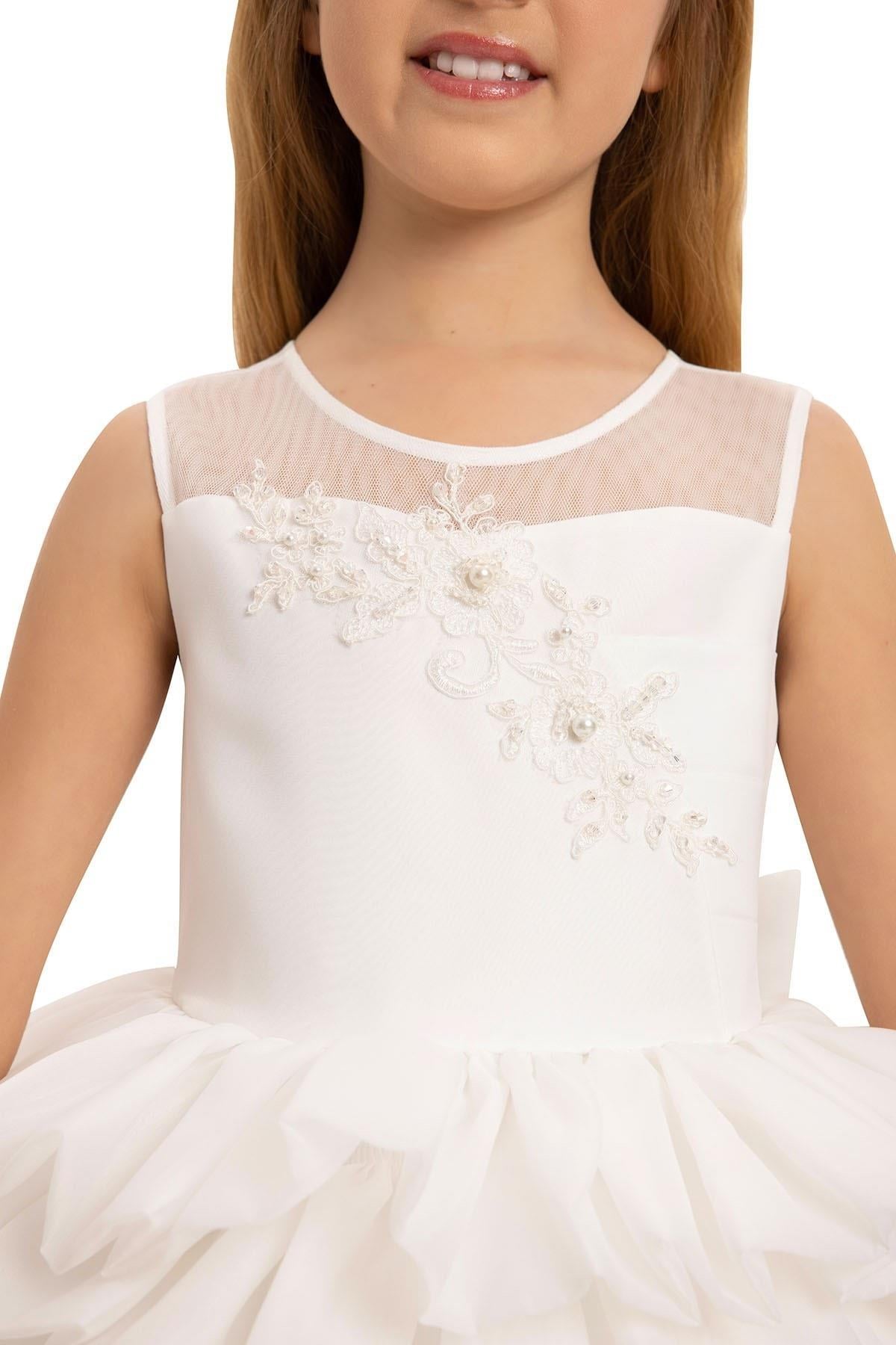 Pamina Kız Çocuk 3-7 Yaş Ponpon Taçlı İncili Kat Kat Fırfırlı Prenses Elbise Ekru