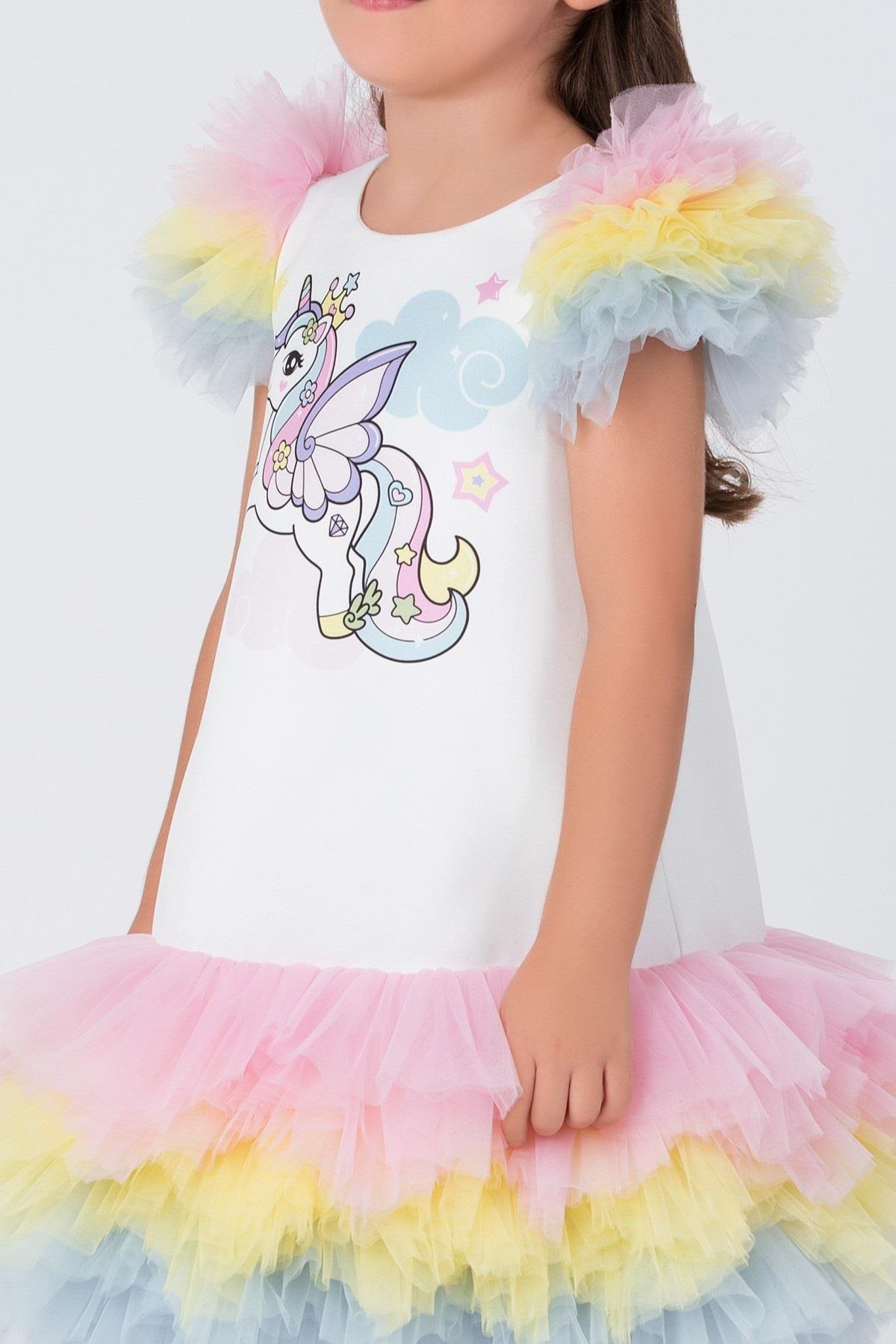 Pamina Kız Çocuk 3-7 Yaş Tütülü Unicorn Parti Elbisesi Renkli
