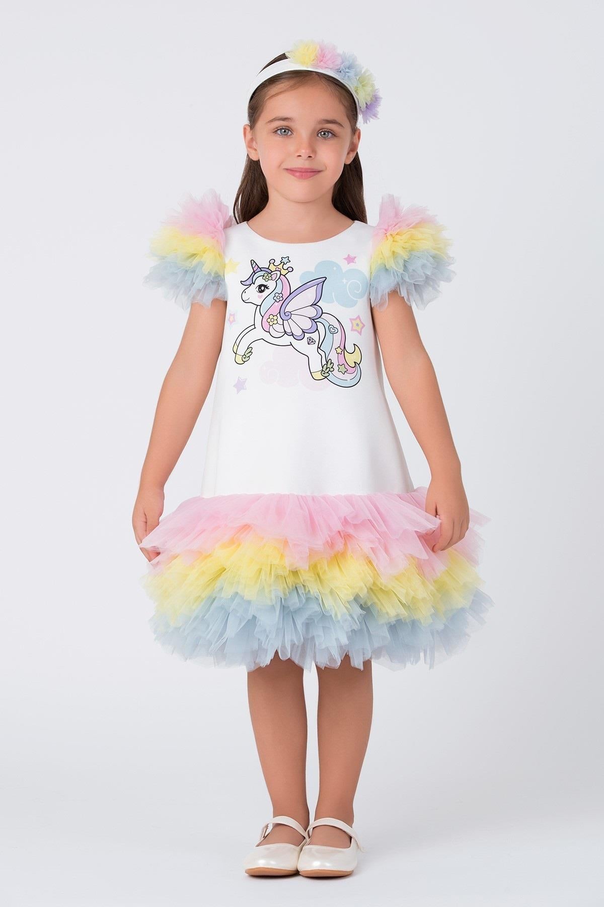 Pamina Kız Çocuk 3-7 Yaş Tütülü Unicorn Parti Elbisesi Renkli